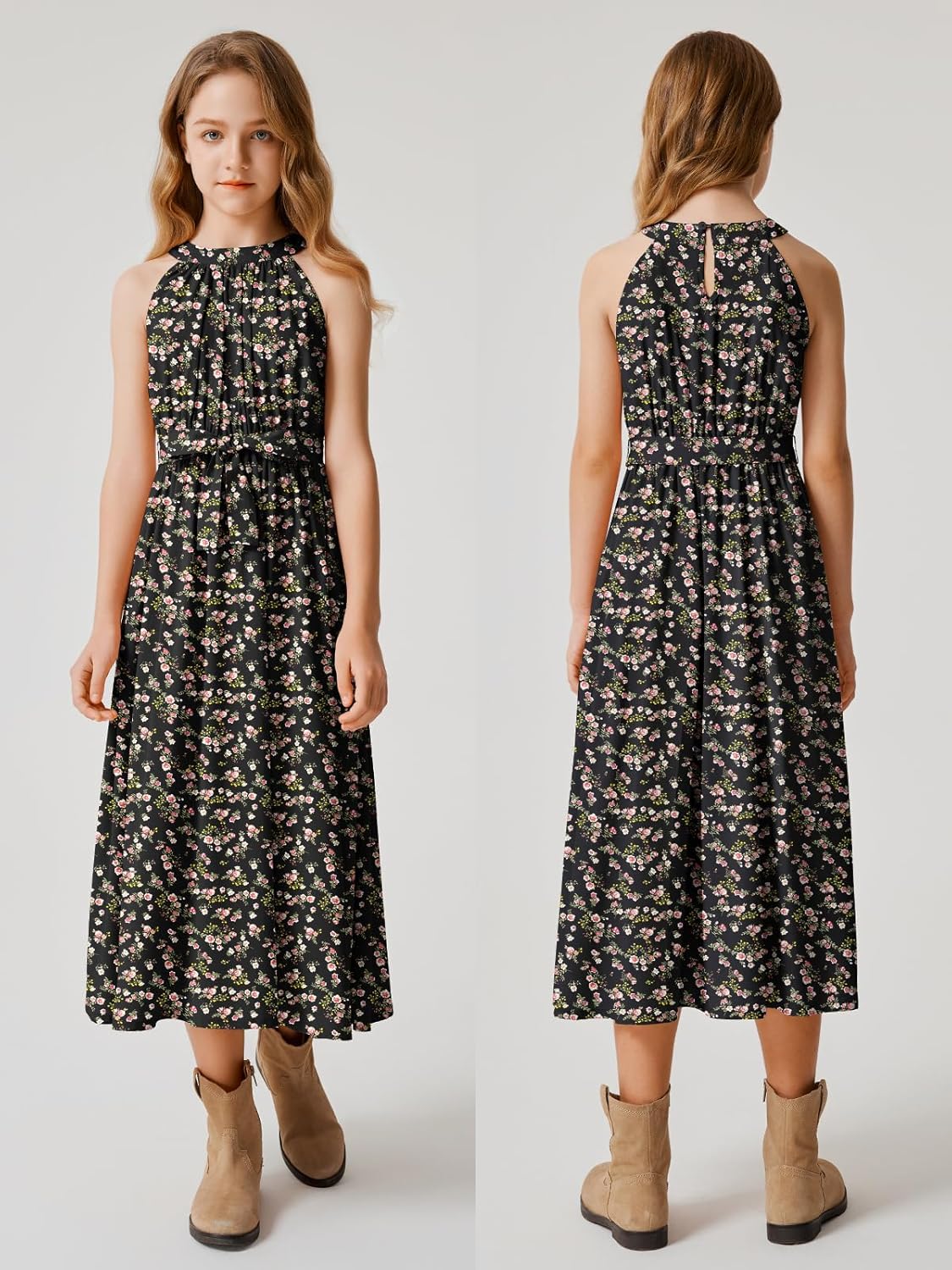 LaBeca Girls Halter Neck Rayon Woven Floral Printed Solid Color High Waist Midi Belted Party Casual Dress with Pocket - Image 4