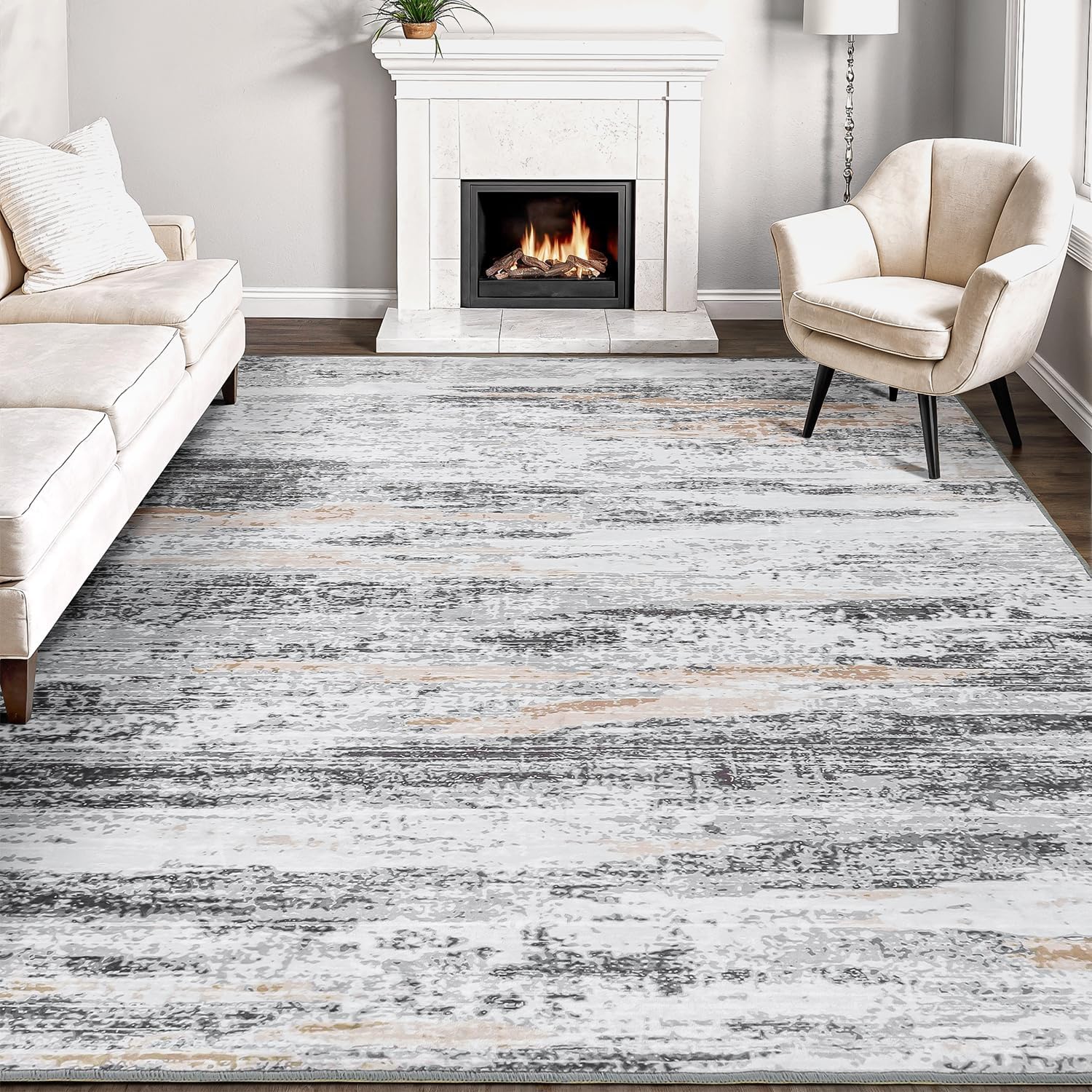 Rugflix 8x10 Large Area Rugs, Abstract Washable Rug for Living Room, Soft Low Pile Carpet, Non-Slip, Stain Resistant, Neutral Beige Grey Indoor Rug for Bedroom, Dining Room, Home Office Beige Grey 8' x 10' (Rectangular)