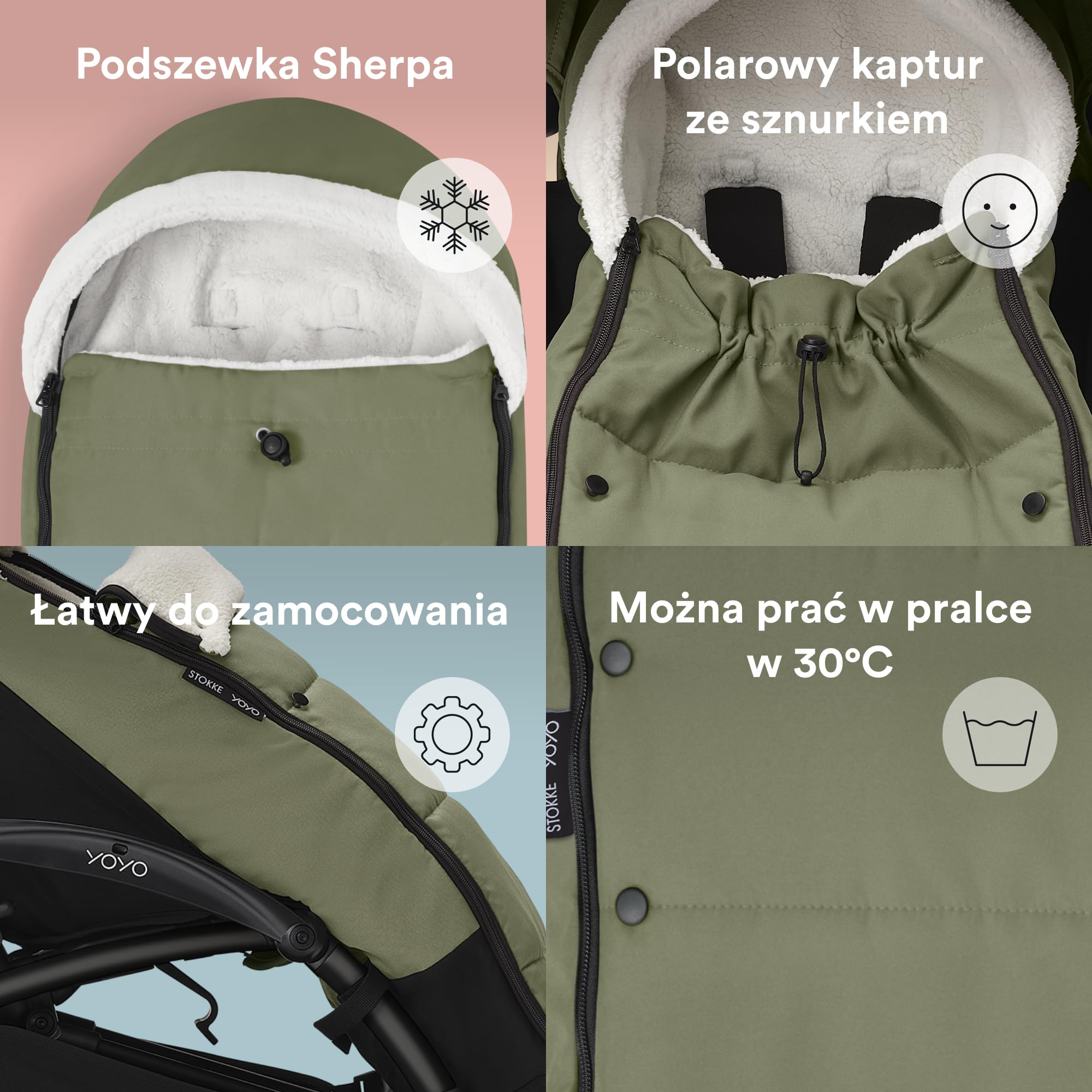 Śpiworek do wózka Stokke YOYO, Olive - podszewka Sherpa, kaptur z polarem ze sznurkiem, podwójna wyściółka - można prać w 30°C - w zestawie mała torba