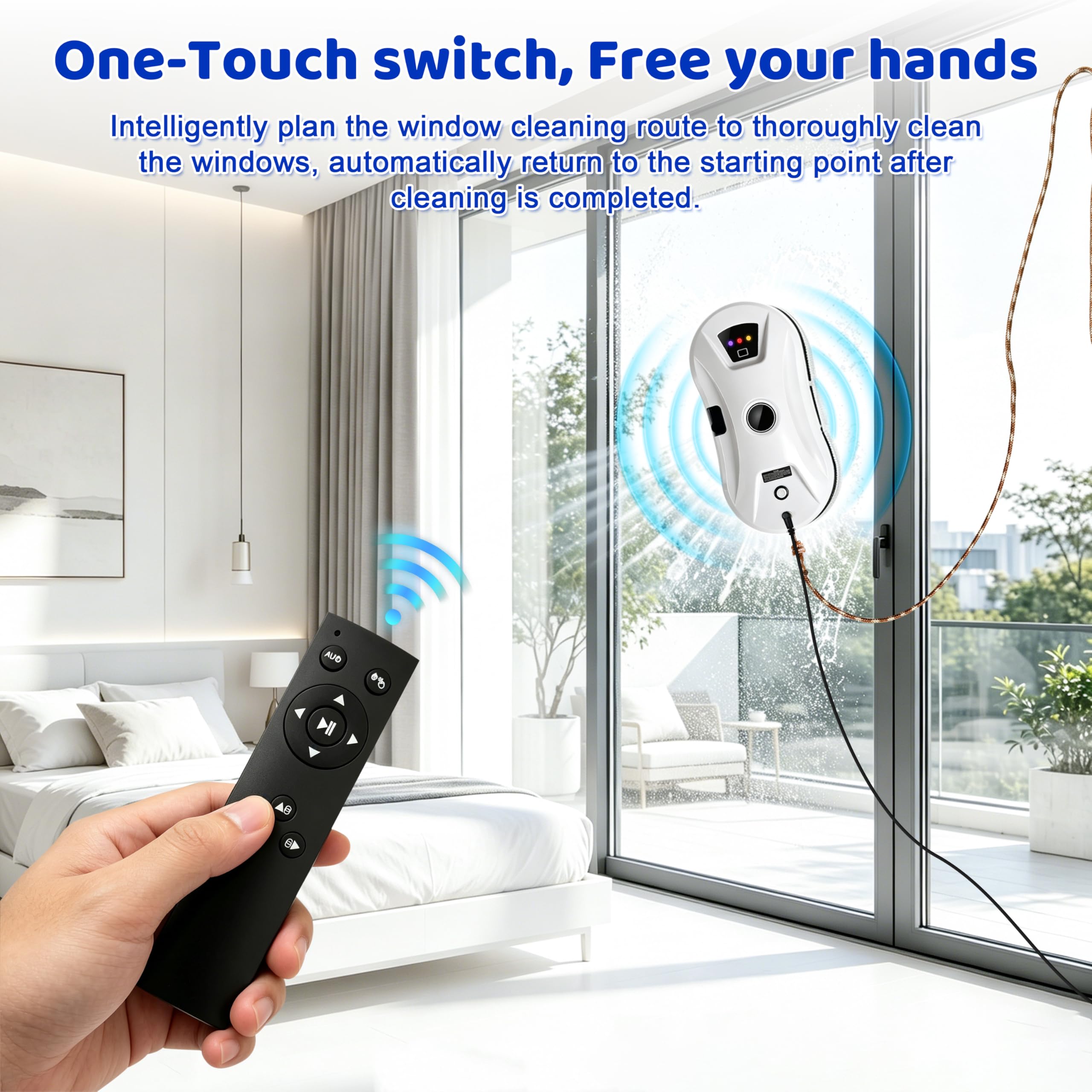 Robot de nettoyage de vitres intelligent avec aspiration forte de 5600 Pa, système de sécurité multiple, détection des bords, pour plafond de fenêtres hautes, extérieur et intérieur, blanc