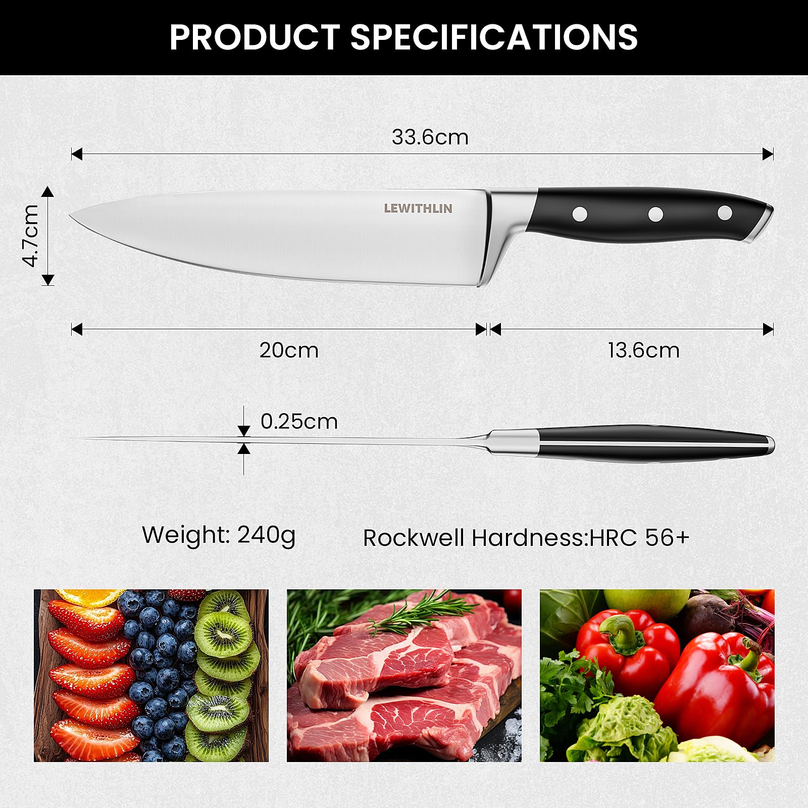 Kochmesser 20cm Profi Küchenmesser Messer Scharf Deutsch 1.4116 Edelstahl Chefmesser Tranchiermesser Allzweckmesser Fleischmesser mit Ergonomischem Griff für Fleisch, Gemüse, Obst