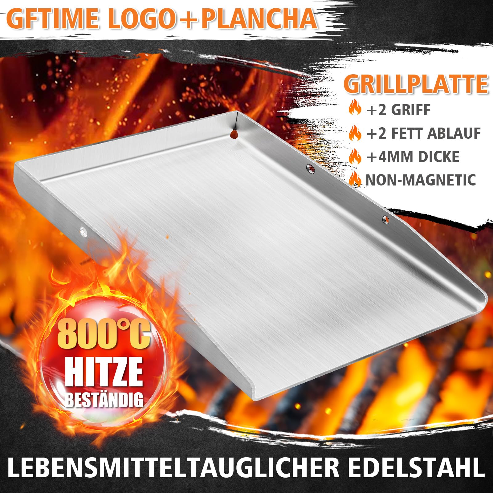 GFTIME 40 x 30 cm masywna p?yta grillowa ze stali nierdzewnej Plancha z uchwytem do grilla gazowego i grilla na w?giel drzewny