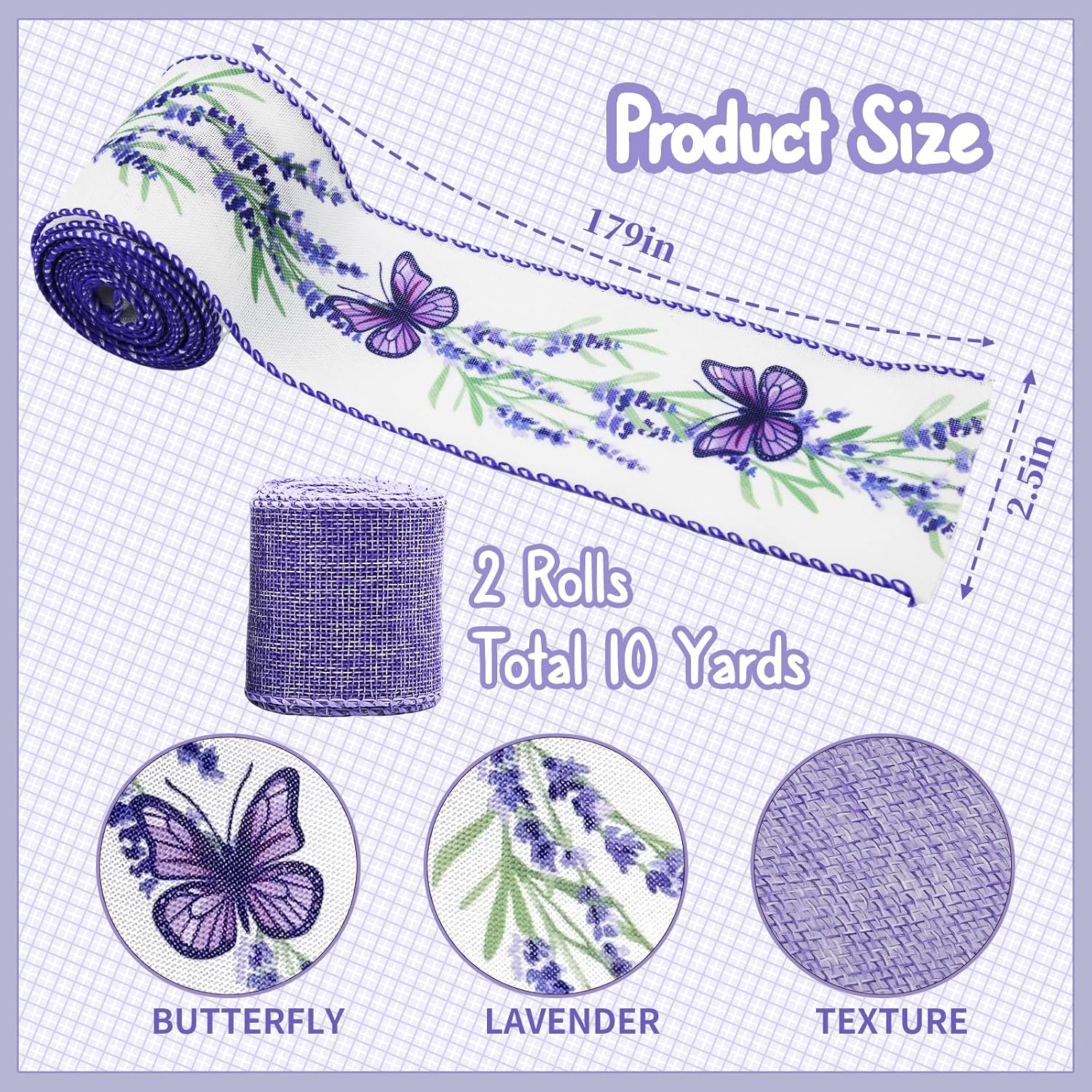 2 Rolls Lavender Wired Edge Ribbon - 2.5 Inch, 5 Yards Each, Spring Summer Lavender Grosgrain with Wired Edge for Wedding Decor, Gift Wrapping & DIY Crafts, Mother's Day Gift