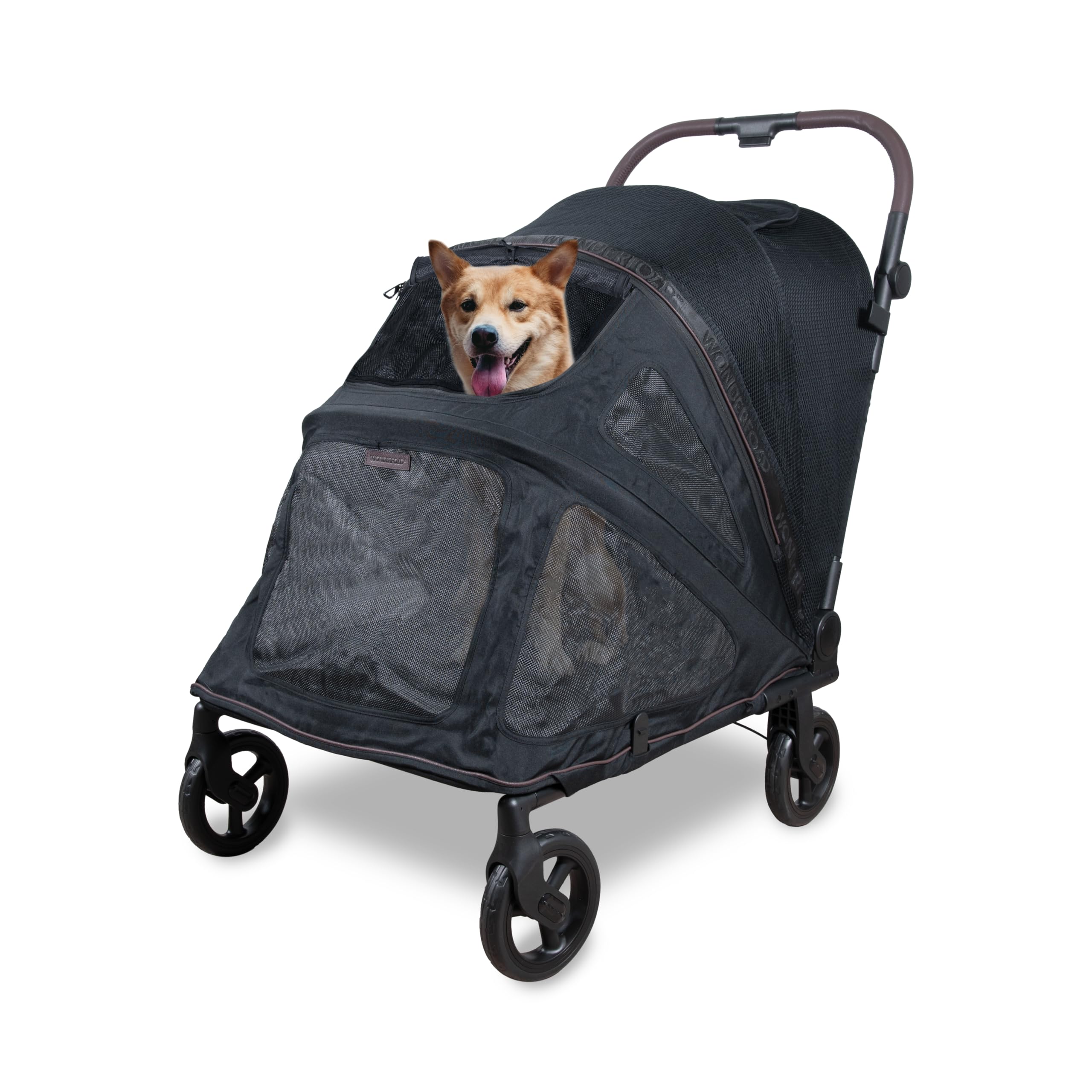 Wonderfold PFL Pet Large Premium Flat Fold Stroller – faltbarer Hundebuggy bis 45?kg, All?Terrain Räder, großer Einstieg, atmungsaktive Netze, flach faltbar – Jet Black
