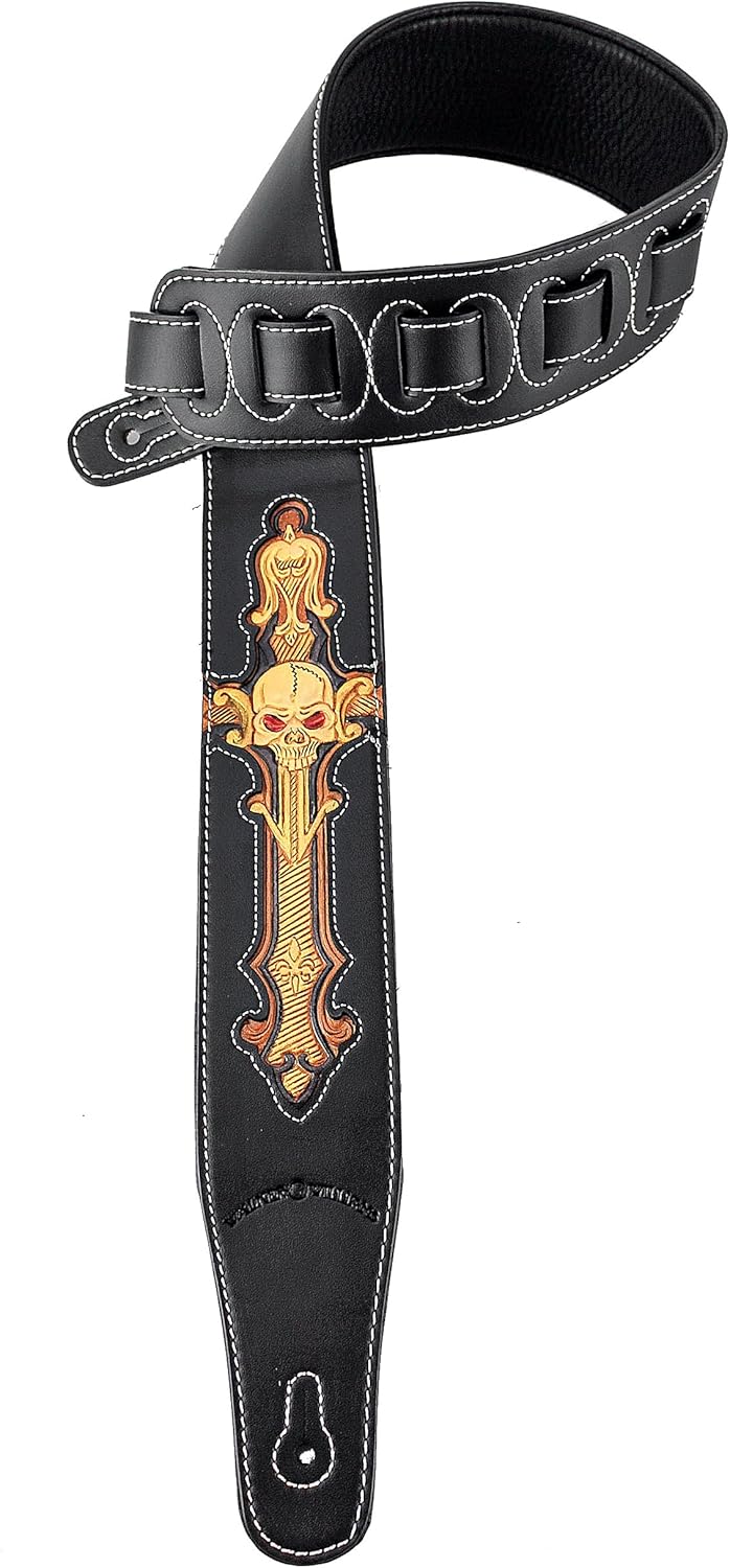 Walker & Williams CVG-24 Handmade Black And Gold Padded Guitar Strap With Hand Tooled Christian Cross And Skull Design For Acoustic, Electric, And Bass Guitars
