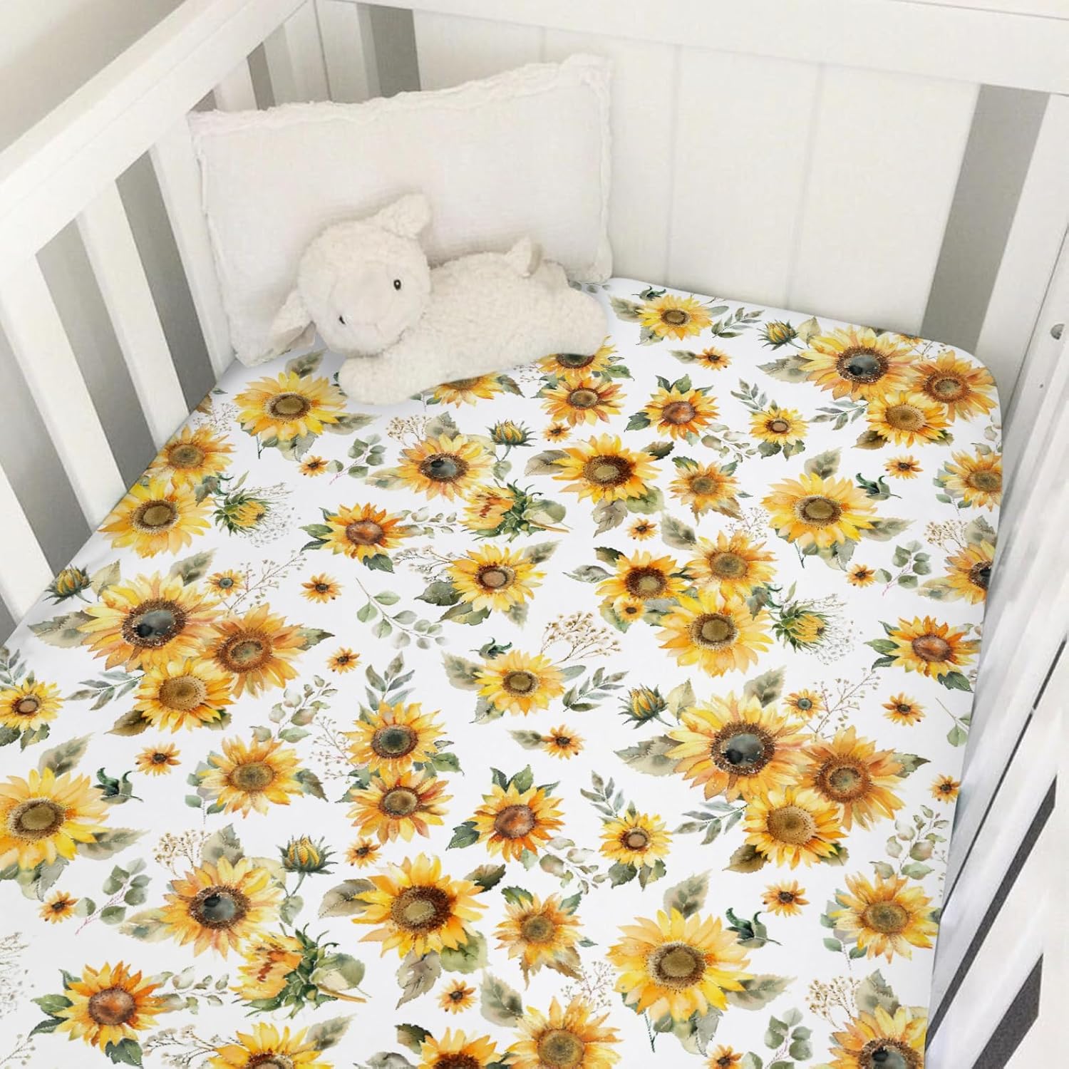 Watercolor Yellow Sunflowers Baby Crib Sheet 52''x28'' Boho Sunflowers Leaves Stretchy Fitted Crib Mattress Covers for Boy Girl Summer Wild Floral Soft Baby Sheets for Standard Crib Toddler Mattress