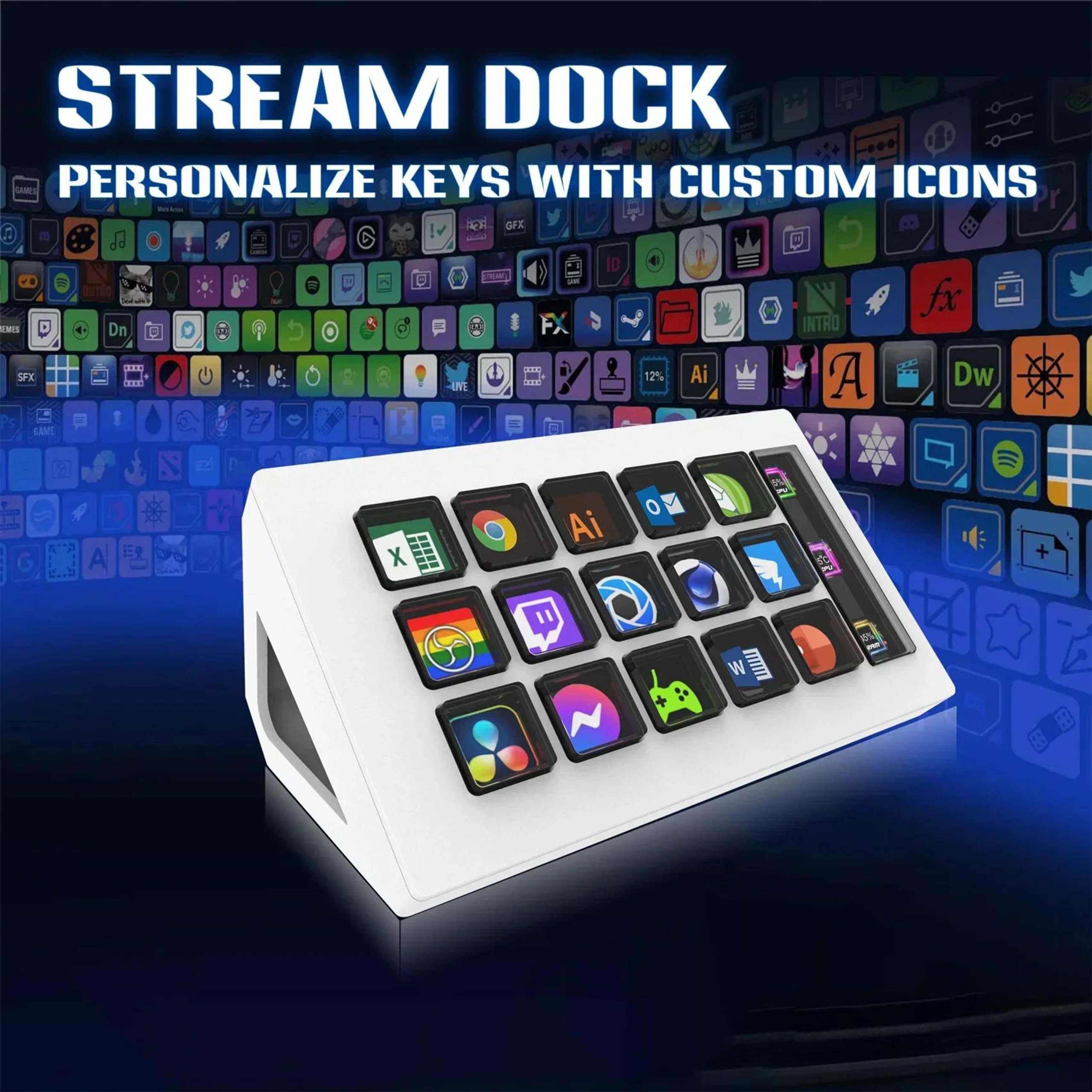 Contrôleur de création de Contenu en Direct avec 15 Touches LCD Personnalisable + Panneau latéral, accès Facile aux Commandes, intuitif et Efficace.