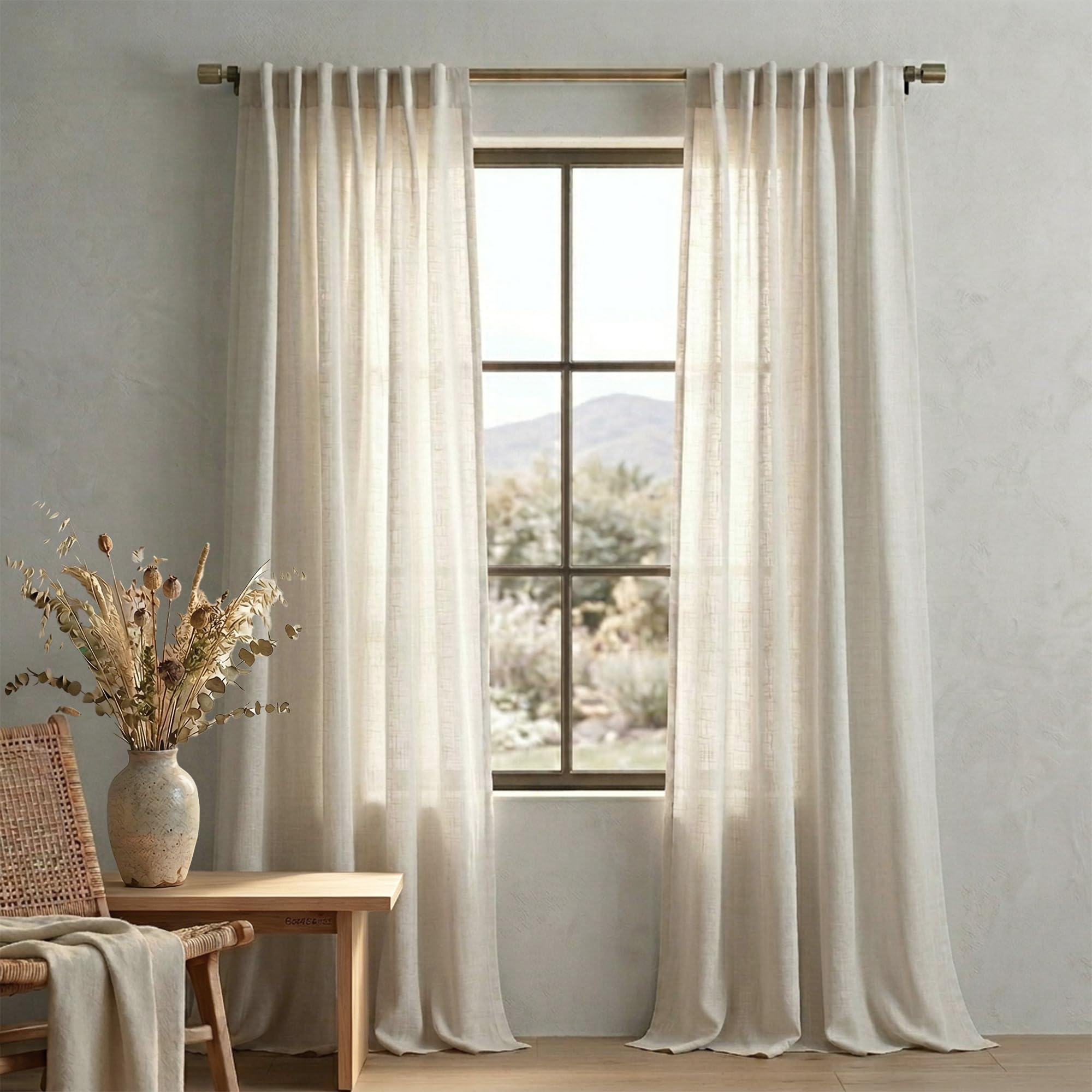 Mrs.Naturall Tan Beige Flax Linen Curtains 84 Inch