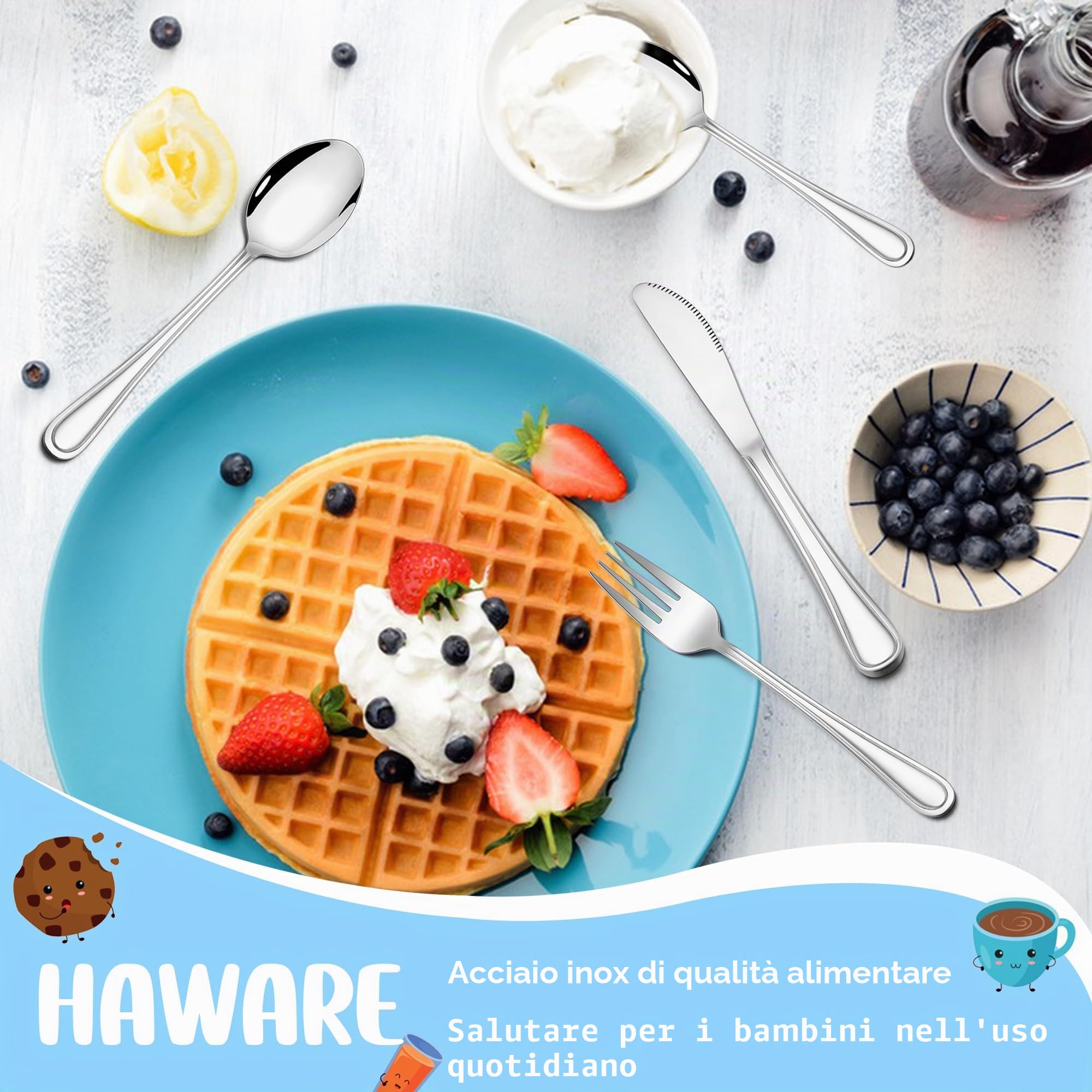 HaWare Set di 8 posate per bambini in acciaio inox (16, linee semplici)