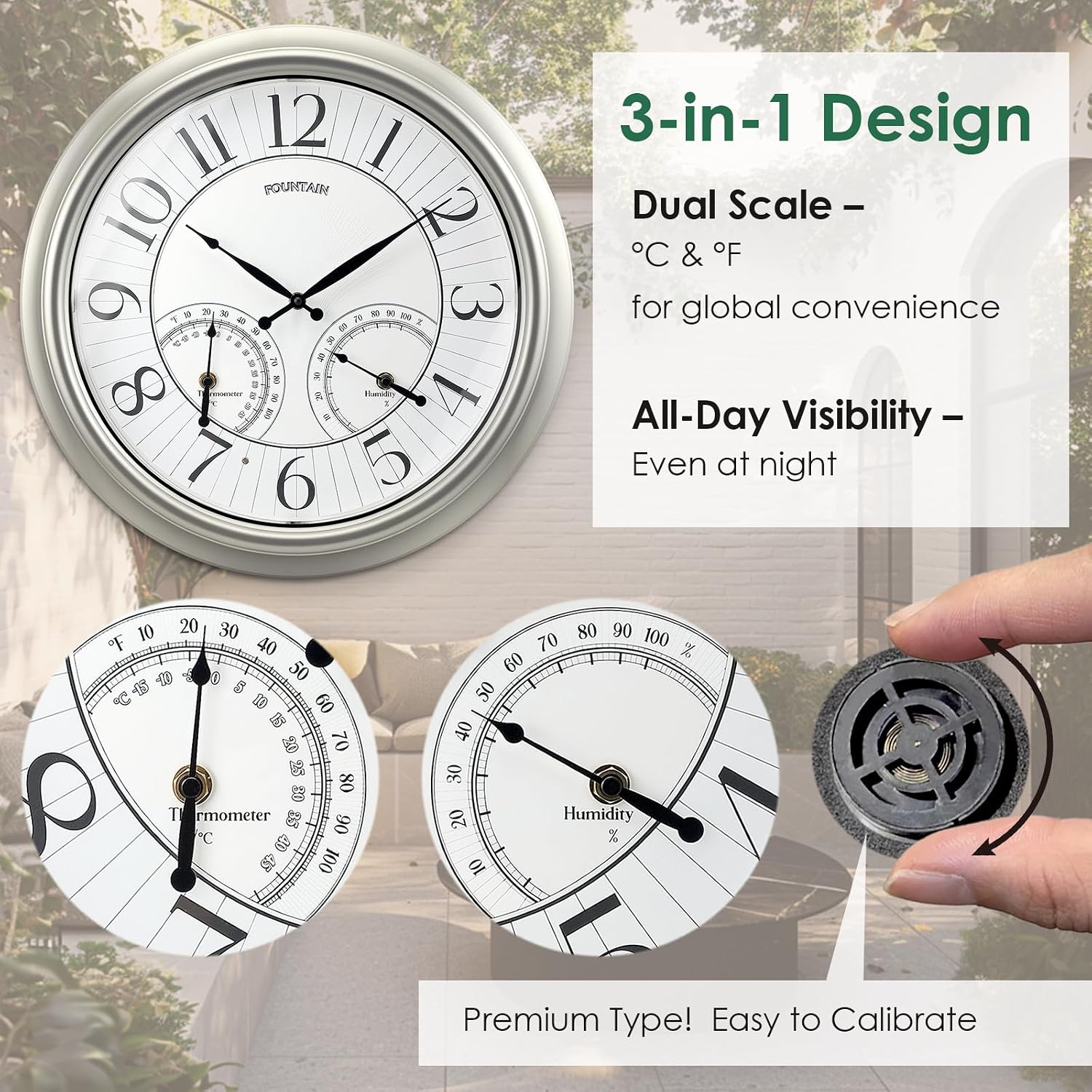 18" Illuminated in/Outdoor Clock with Smart Sensor and Night Light, Waterproof, Large Wall Clock with Thermometer & Hygrometer, for Garden,Pool and Patio Decor (Morning Silver)