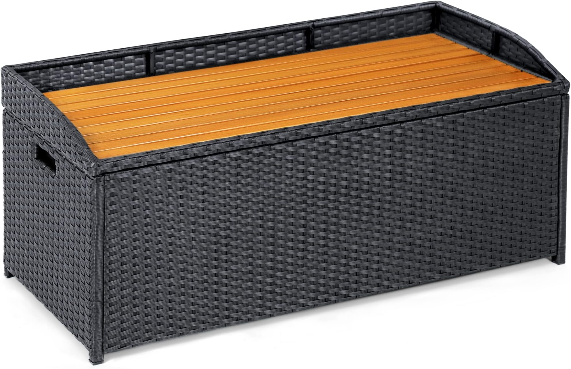 Devoko 70 Gallon Rattan Wicker Large Storage Bench Deck Box Outdoor Indoor Waterproof Storage Box with Wood Bench Surface for Patio Furniture Cushions, Toys, Garden and Pool Tools