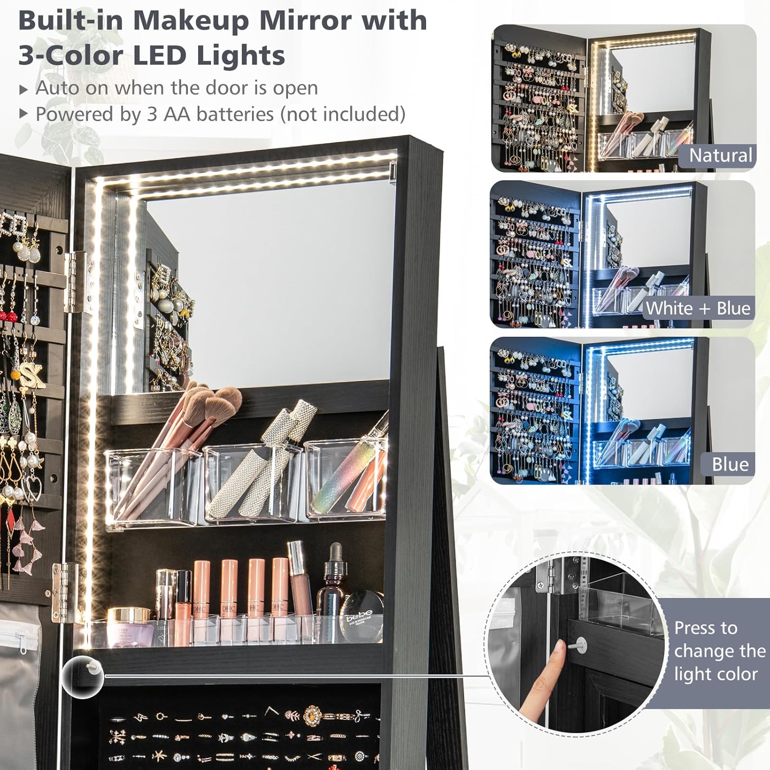 CHARMAID 360° Swivel Jewelry Armoire with Full Length Mirror, Rear Storage Shelves, Lockable Standing Jewelry Cabinet Organizer with Interior Vanity Mirror and 3-Color Lights (Black)