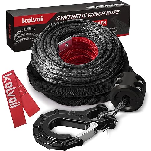 Kolvoii Synthetic Winch Rope Kit, 1/4 inch x 50ft 8500lbs Winch Cable with Steel Hook, Protective Sleeve and Winch Cable Stopper for ATV UTV Off-Road Vehicle etc(Grey Rope, Black Hook)