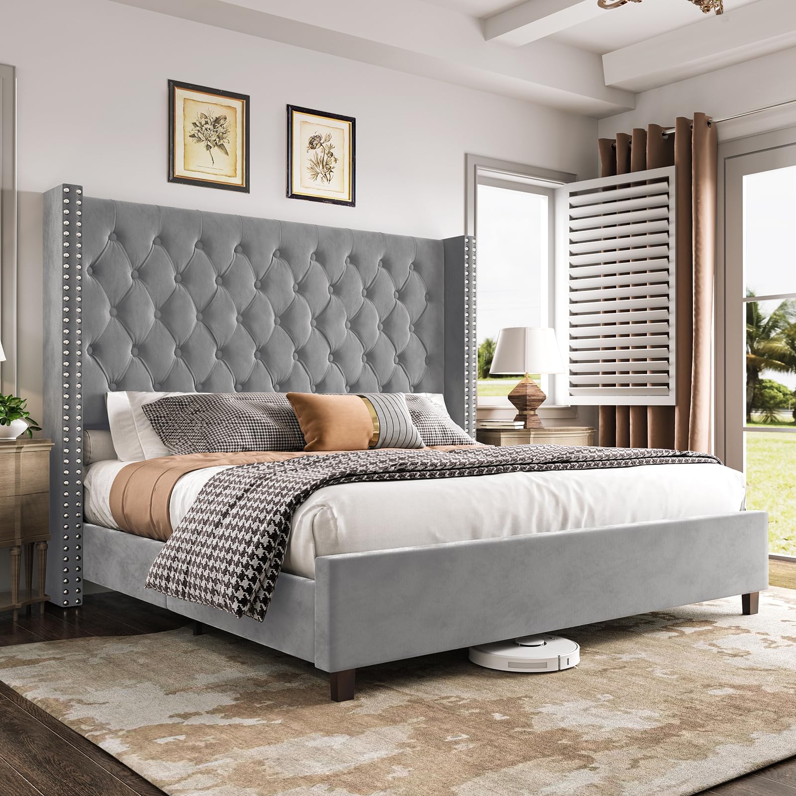 Queen Bed Frame 61.4" Tall Headboard Upholstered Velvet Platform Bed with Handmade Deep Button Tufted/No Box Spring Required/Grey