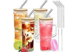 4-Pack 24oz Glass Tumbler Cups with Handle, Bamboo Lids, and Straws
