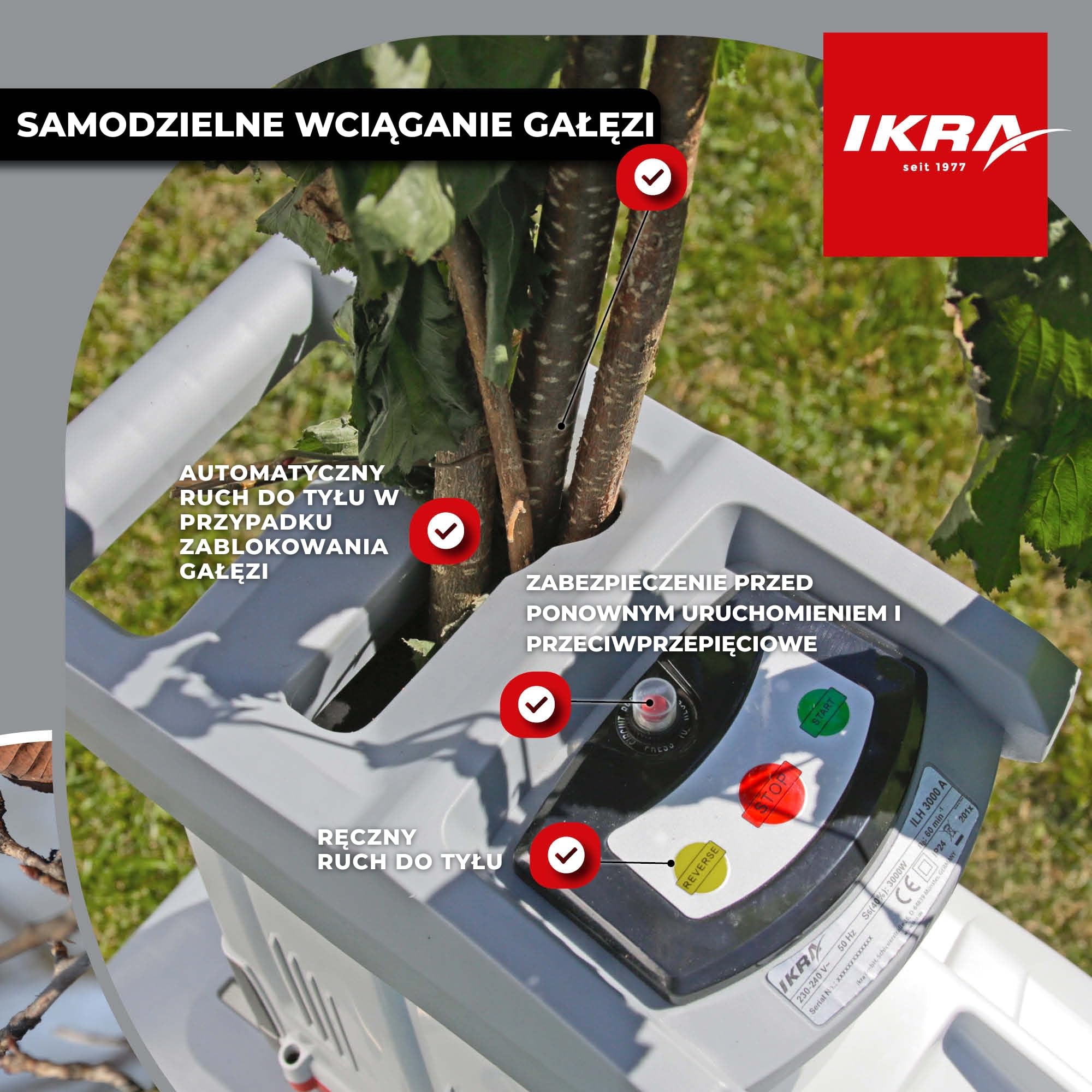 IKRA Rozdrabniacz do gałęzi walcowy elektryczny ILH 3000A, okulary ochronne | Silnik dużej mocy 3000W, cichy, solidny i łatwy w utrzymaniu, automatyczny wciąg gałęzi, bieg wsteczny, tnie gałęzie do 44 mm