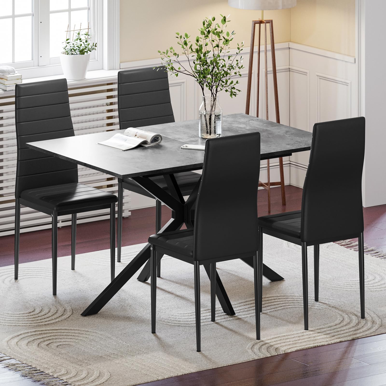 Luxstein Extendable Dining Table and Chairs Set 4, 120-160cm Concrete Effect Table with 4 Black High Back Faux Leather Chairs for Dining Room, Kitchen