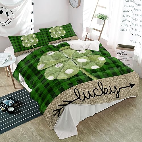 WARM TOUR Juego de funda de edredón Queen de 3 piezas con diseño de trébol del día de San Patricio, fundas de edredón suaves y lavadas a cuadros