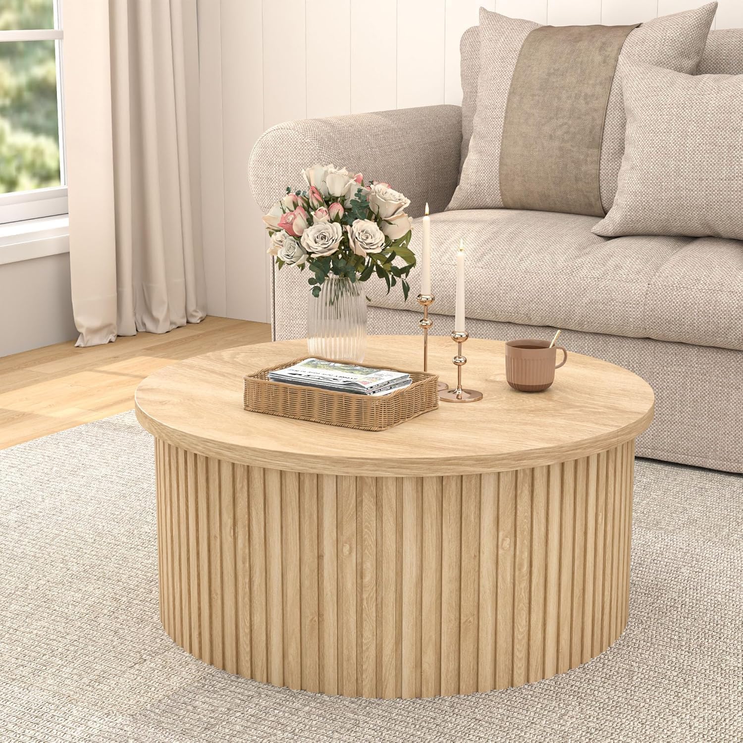 Fluted Lift Top Coffee Table with Hidden Storage, 31.6 Inch Round Coffee Tables for Living Room, Circle Wood Center Tables for Home (Wood Color)