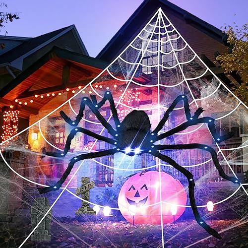 Miniatura 2 de Araña LED gigante de Halloween de 4.1 pies con telaraña de 24.6 pies, ojos y articulaciones morados iluminados, decoración de patio al aire libre