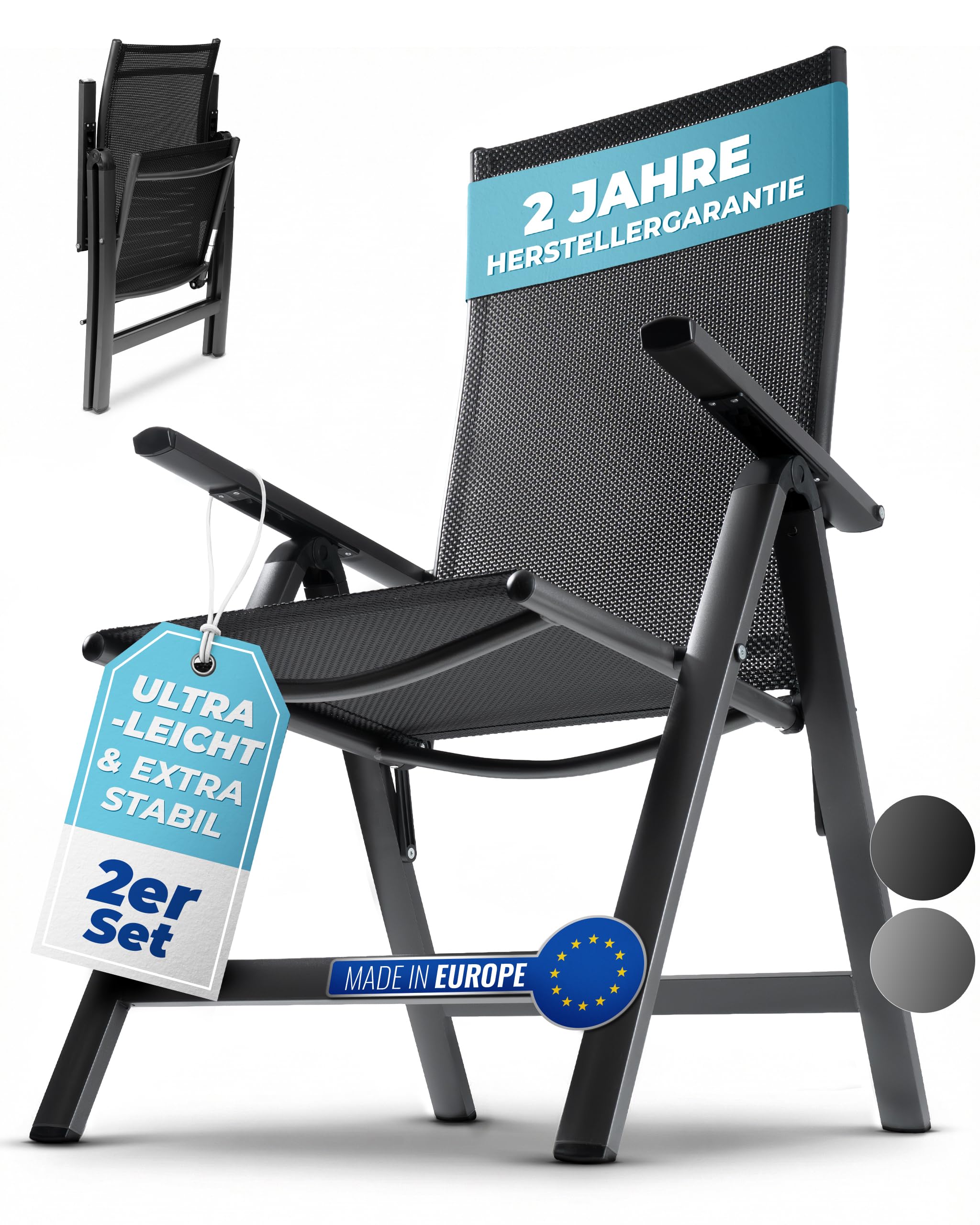 Hochlehner Gartenstuhl klappbar aus Aluminium, 2-Fach pulverbeschichtet, wetterfest, leicht, 5-Fach verstellbar, Made in EU, 2er Set, Anthrazit