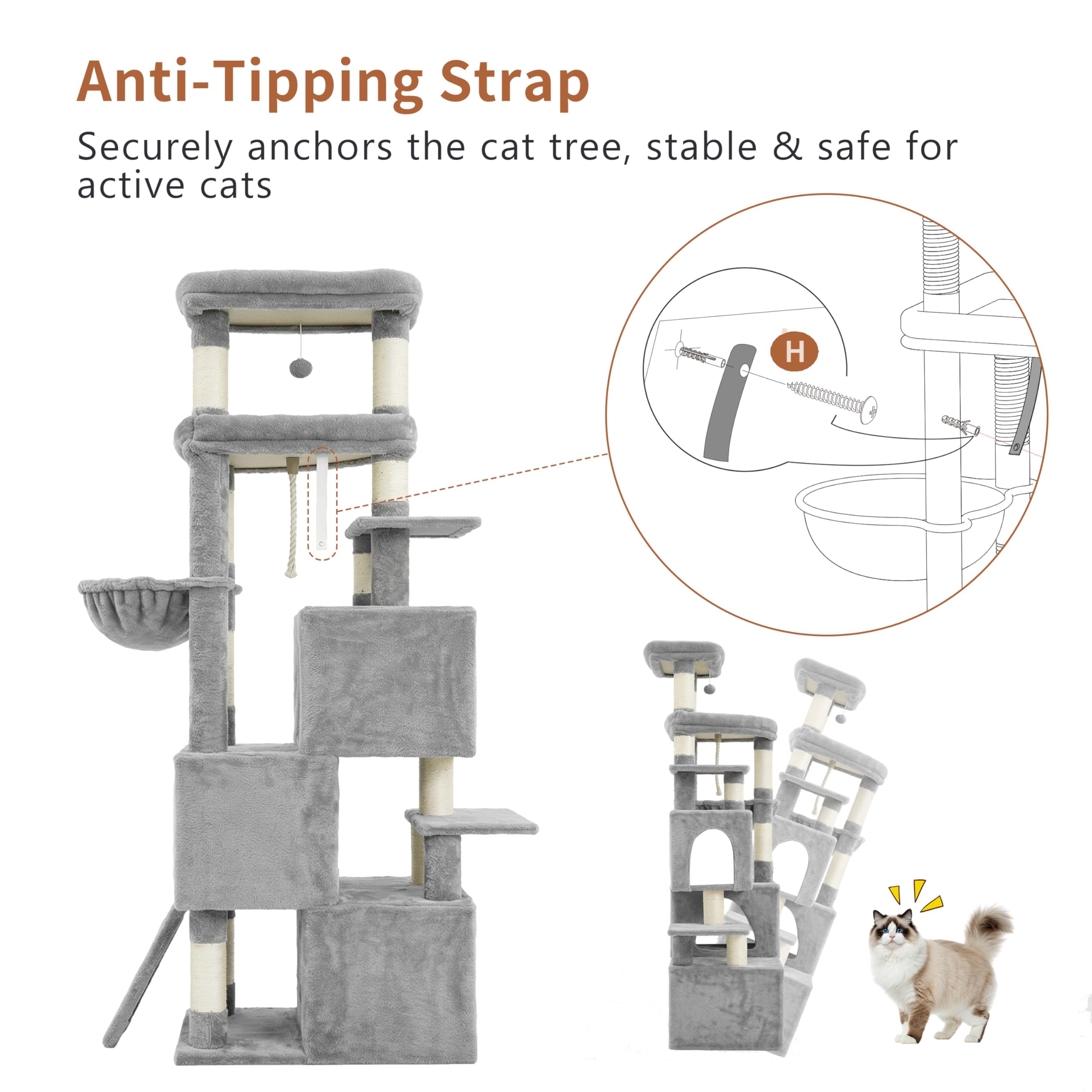 Heybly Rascador para Gatos XXL, 188 cm Árbol Rascador para Gatos Grandes, Torre de Múltiples Pisos, 3 Cuevas Escalonadas, Amplias Perchas Descanso, Postes y Tablas de Sisal, Gris Claro HCT061W