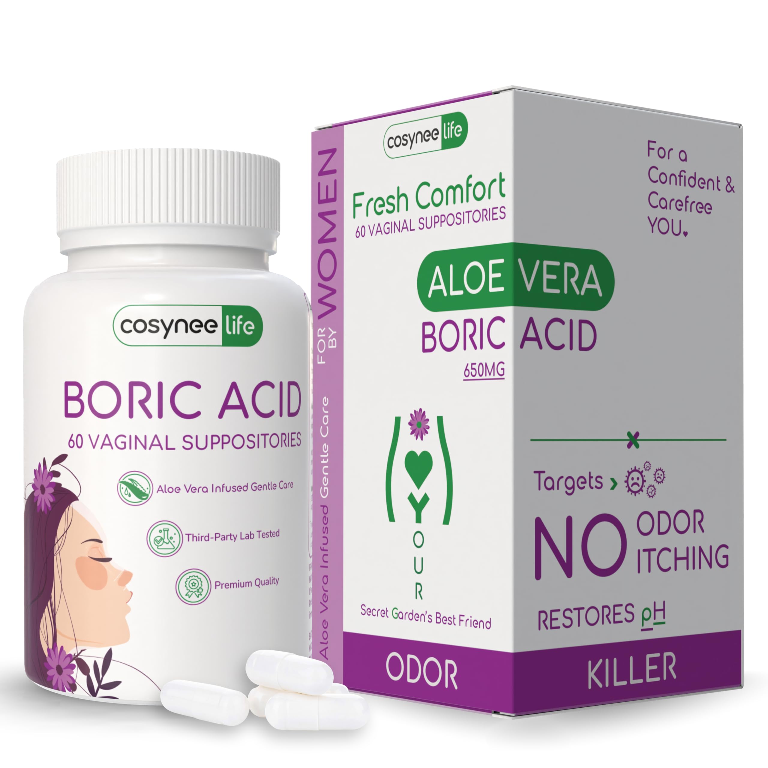 cosynee BORIC Acid Suppositories for Women + Aloe Vera - 60 Capsules, 650 MG Each | Vaginal Health, Odor, Dryness Relief for Women.