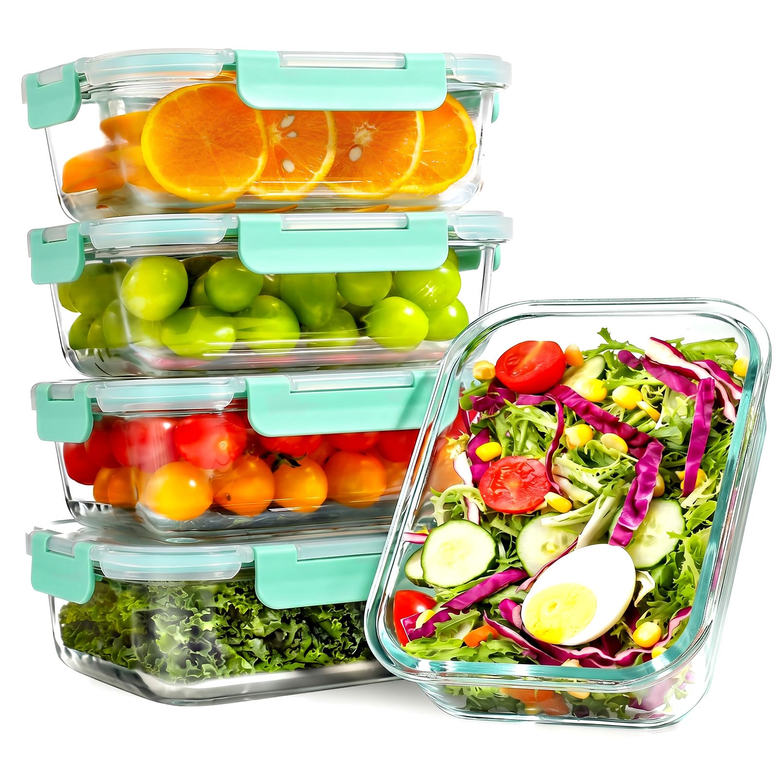 YASHE 5 Pack Glass Containers with Lids, 1040ml Thick & Durable Food Containers - Stackable Airtight Glass Meal Prep Containers, BPA-Free Food Storage for Microwave, Oven, Freezer and Dishwasher,Green