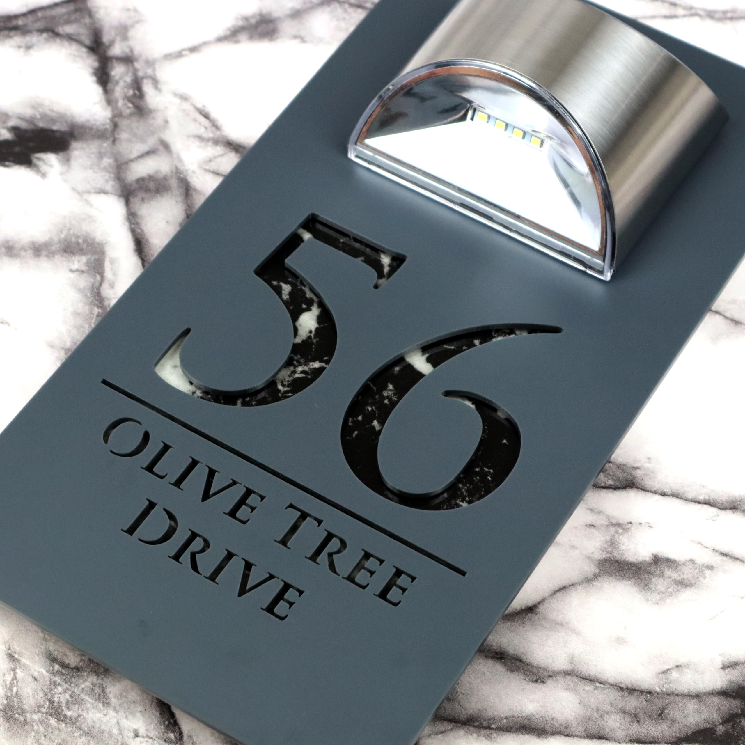 K Smart Sign | Bellissima LED F32 | Contemporary House Signs Plaques Door Numbers 1-9999 Street Name SOLAR LIGHT LED For Wall Personalised Laser Cut Mirror! (Matt Gray & Black Marble) โ image 1