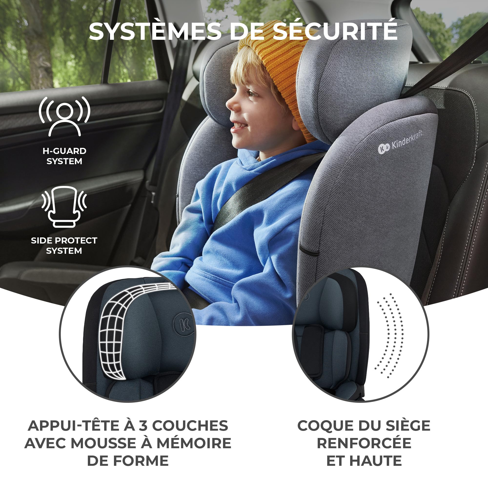 Kinderkraft ONETO3 I-Size 76 et 150 cm, Siège auto bébé Groupe 1/2/3 de 9 à 36 kg, 15 mois à 12 ans, Installation ISOFIX facile, Fonction reclining, Régler l'appui-tête sur 18 niveaux, Noir