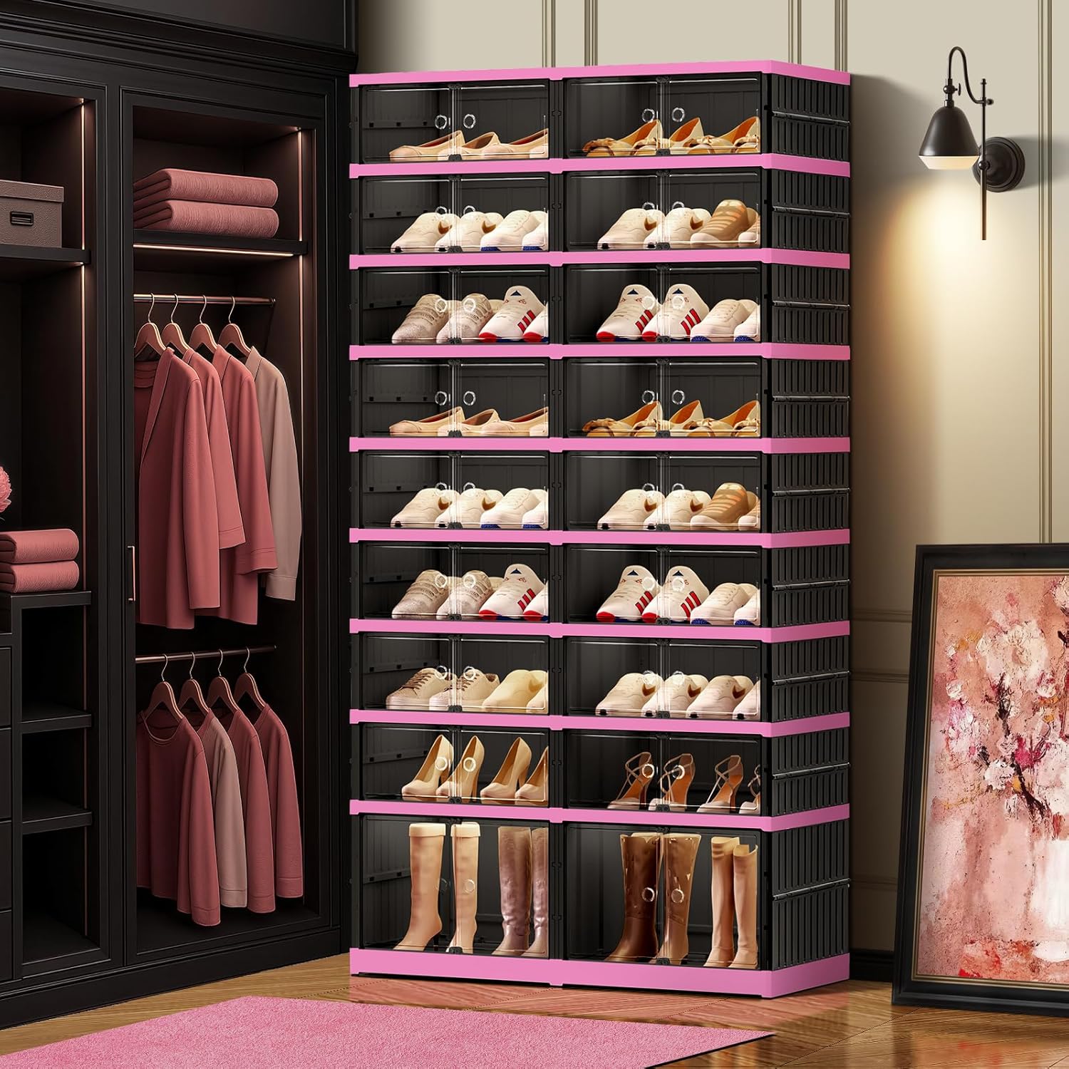 9-Tier Foldable Shoe Rack Organizer for Closet,36 Pairs Collapsible Plastic Shoe Shelf,Large Shoes Cabinet with Door,Clear Stackable Storage Box Easy Assembly（Black-Pink）
