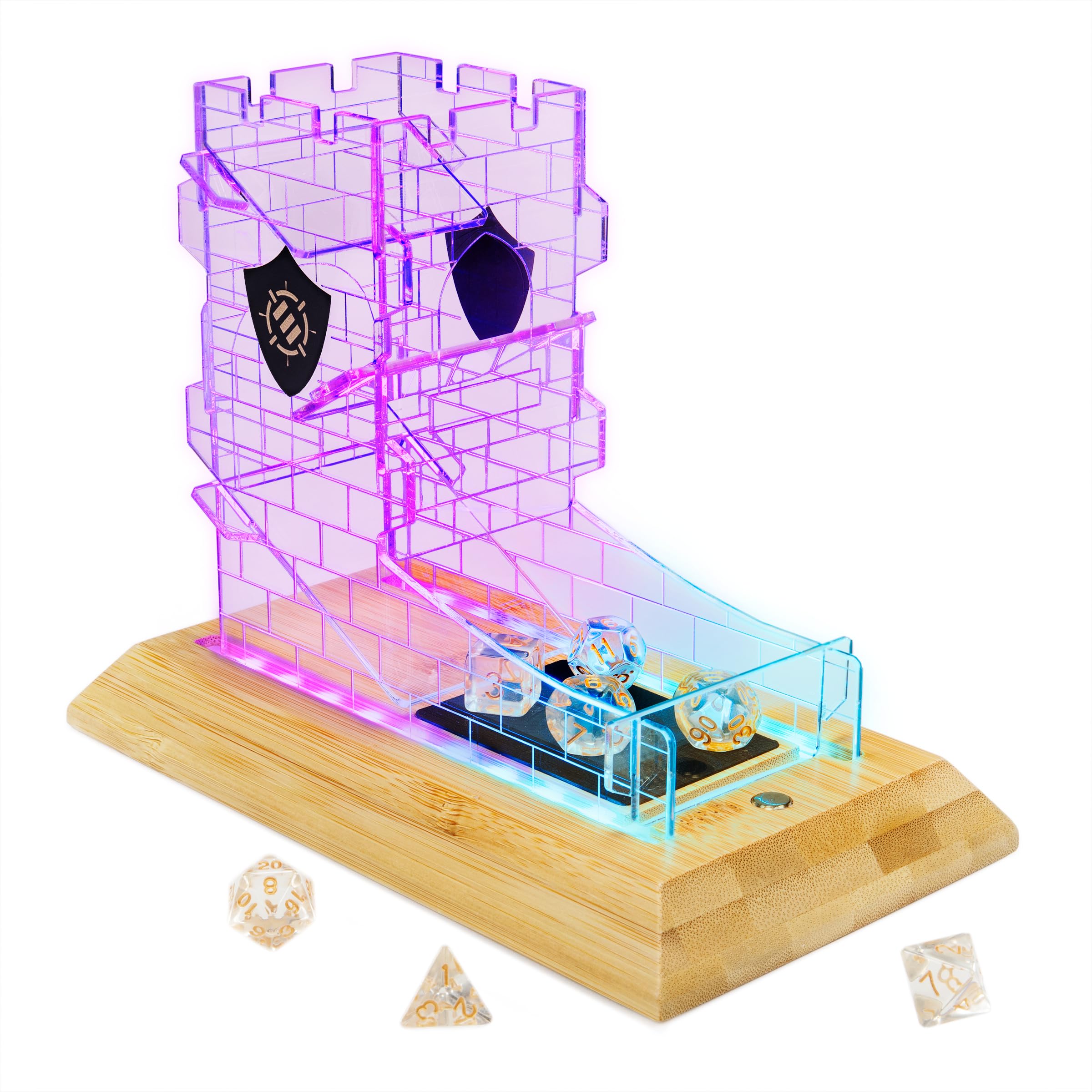 ENHANCE Tour de dés LED avec 7 dés RPG – Ensemble de dés Transparents, Tour LED avec Base en Bambou et Design Château, Roule Jusqu'à 14 dés Standard à la Fois – Idéal pour Soirées de Jeu