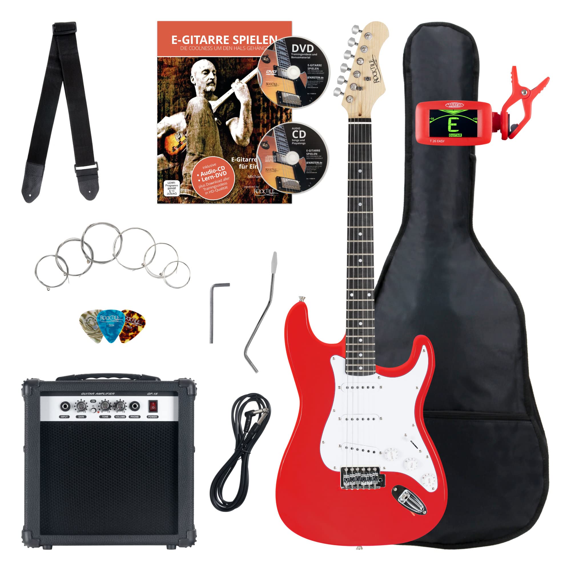 Set Chitarre Elettrica Rocktile Banger's Pack Red con Amplificatore | Chitarra Elettrica, Chitarra Rocktile ST-Style, Finitura Red, 3 pickup Single-Coil, Selettore a 5 vie, Leva tremolo, 5 x 4 cm