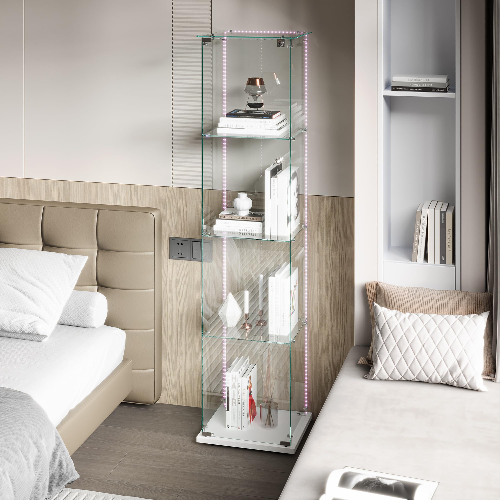 Vitrina de cristal de pie, Vitrina de cristal de pie con LED, 4 capas de cristal madera cristal vitrina armario vitrina 1 puerta y cerradura vitrina armario de cristal armario expositor vitrina de