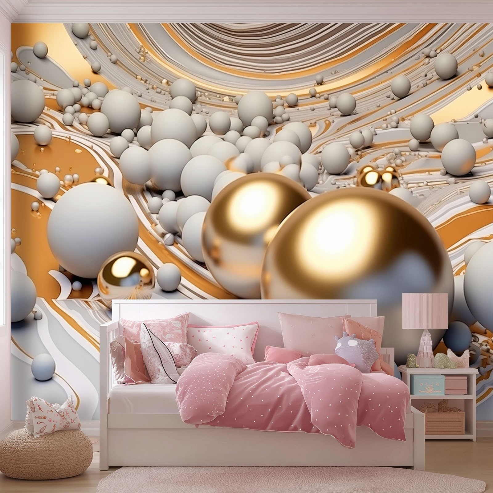 Tapeta z włókniny, 400 x 280 cm, do dekoracji ścian – abstrakcyjna, geometryczna kula 3D, tapeta do salonu, pokoju dziecięcego, tło TV, złoto-srebrna, modny design, fototapeta