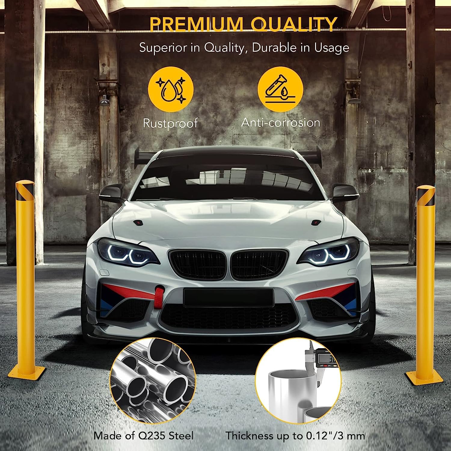 Garvee Safety Bollard, Towallmark 4 Packs 36 in Height Bollard Post, 4.5 in Diameter, Yellow Safety Steel Bollard Post with 8 Anchor Bolts, for Traffic Control, Driveway Barrier, Parking Pole