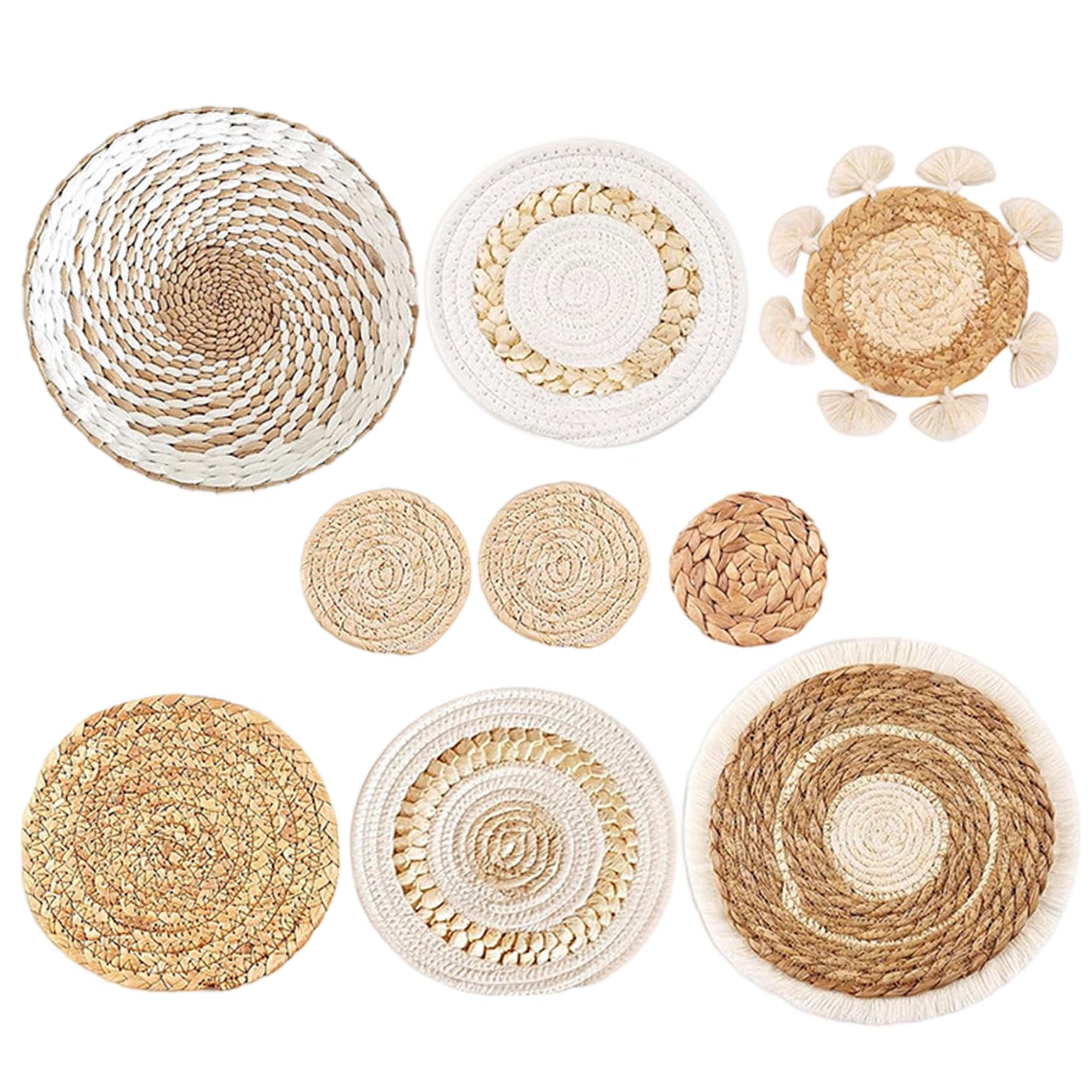 9 piezas decoración de pared boho, decoración de la pared de cocina tejida colgante, boho macrame pared colgando rústico redondo redondo plano marina marina de mimbre de mimbre para la sala de e