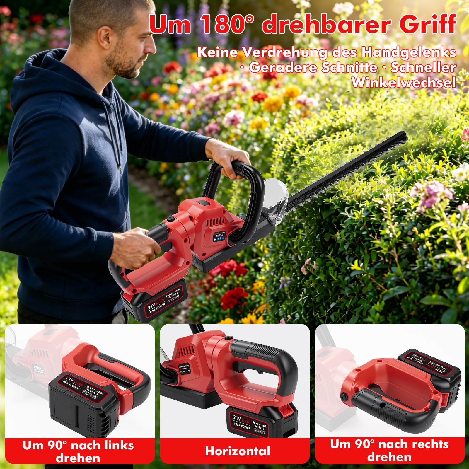 Heckenschere Akku, 21V 850W Elektrischer Heckenschneider mit 20 Zoll Klinge, 18 mm Zahnabstand, für Garten, Sträucher und Hecken, Sicherheitsdoppelschalter und 180° Drehbarem Griff (2 Akkus)