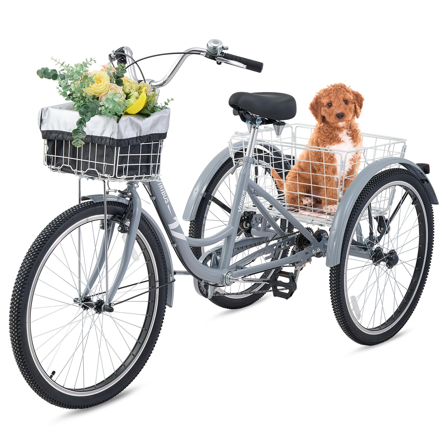 VIRIBUS 7 Speed Adult Tricycle, Front &amp; Rear Removable Wheeled Baskets, 400 lb Capacity