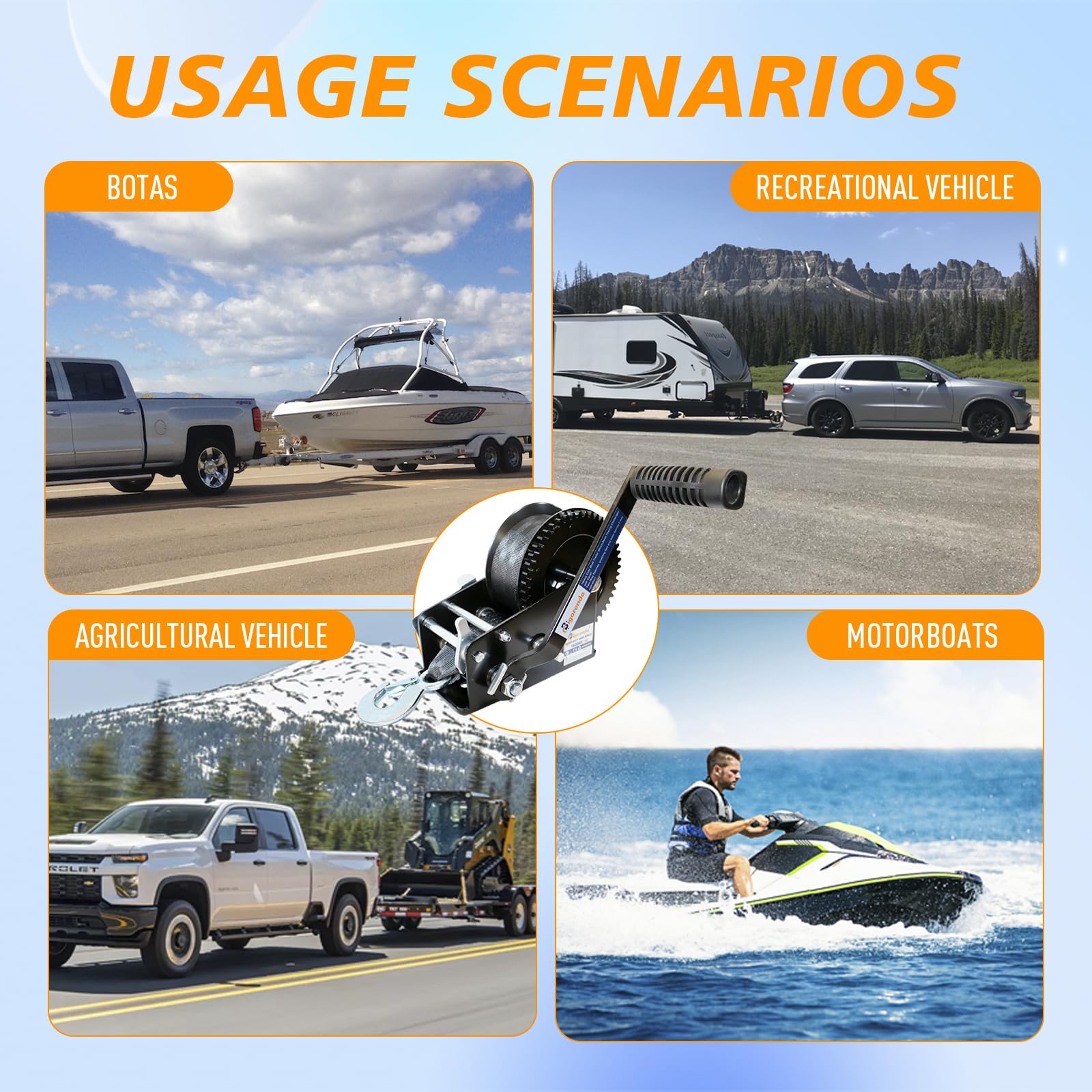 Hand Winch, Boat Trailer Winch Hand Winch with 10M (33FT) Polyester Strap and Two-Way Ratchet, 3500LBS Pulling Capacity, Heavy Duty Manual Operated Hand Crank Winch for Trailer, Boat or ATV Towing — view 9