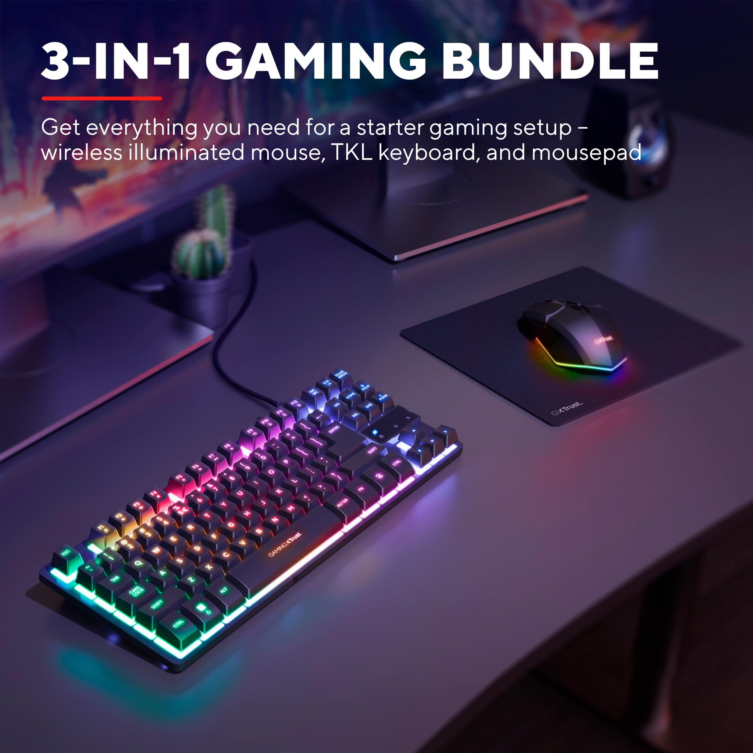 Trust GXT 1794 Set Gaming Tastatur QWERTZ DE Layout mit Funkmaus und Mauspad, 3-in-1 LED Gaming Paket, Wiederaufladbare Kabellose Maus 80 Stunden Akkulaufzeit, Kompakte TKL USB Tastatur PC, Schwarz