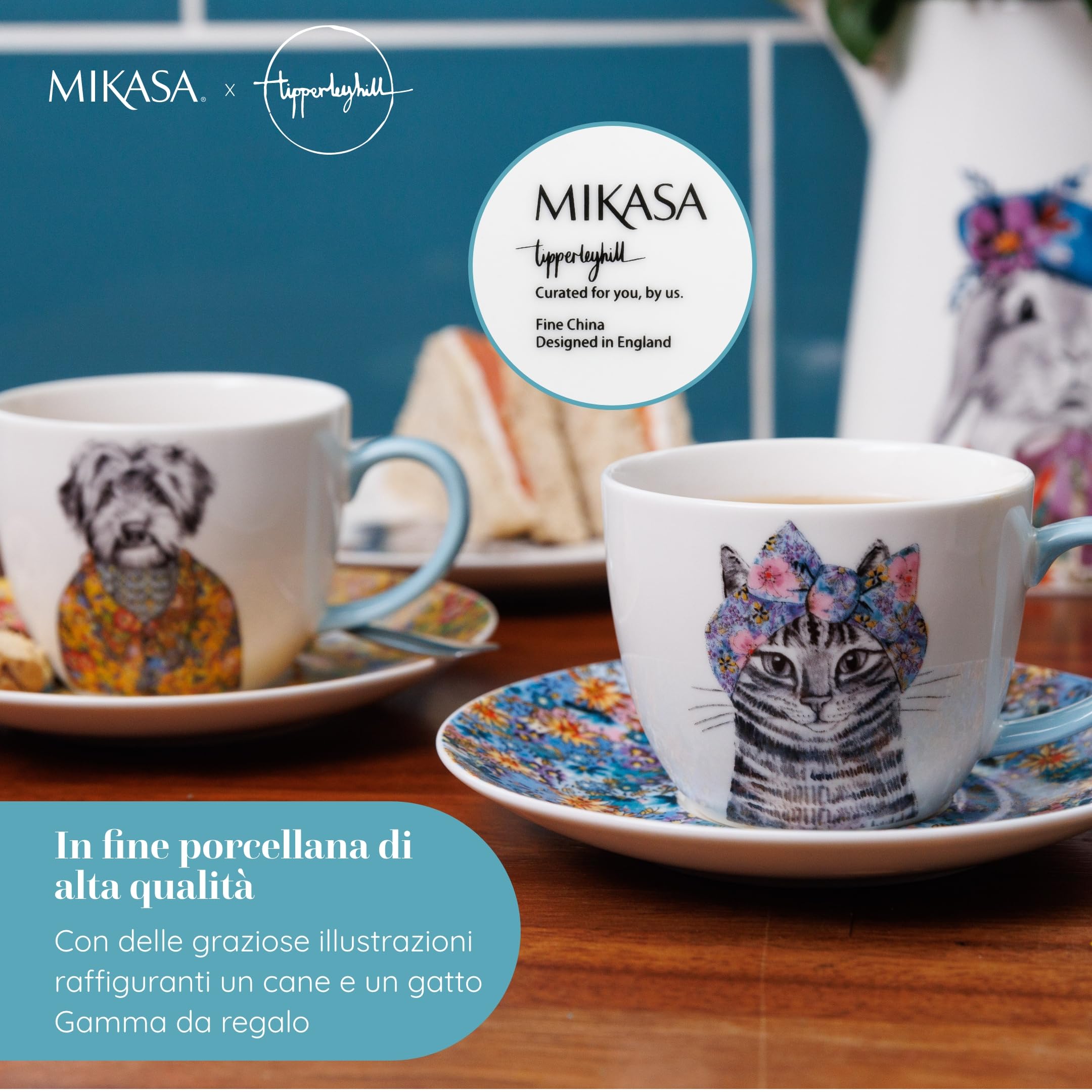 Mikasa x Tipperleyhill, Set di 2 tazze da 240 ml con piattini in porcellana fine, perfetto per il tè pomeridiano, lavabile in lavastoviglie, in confezione regalo