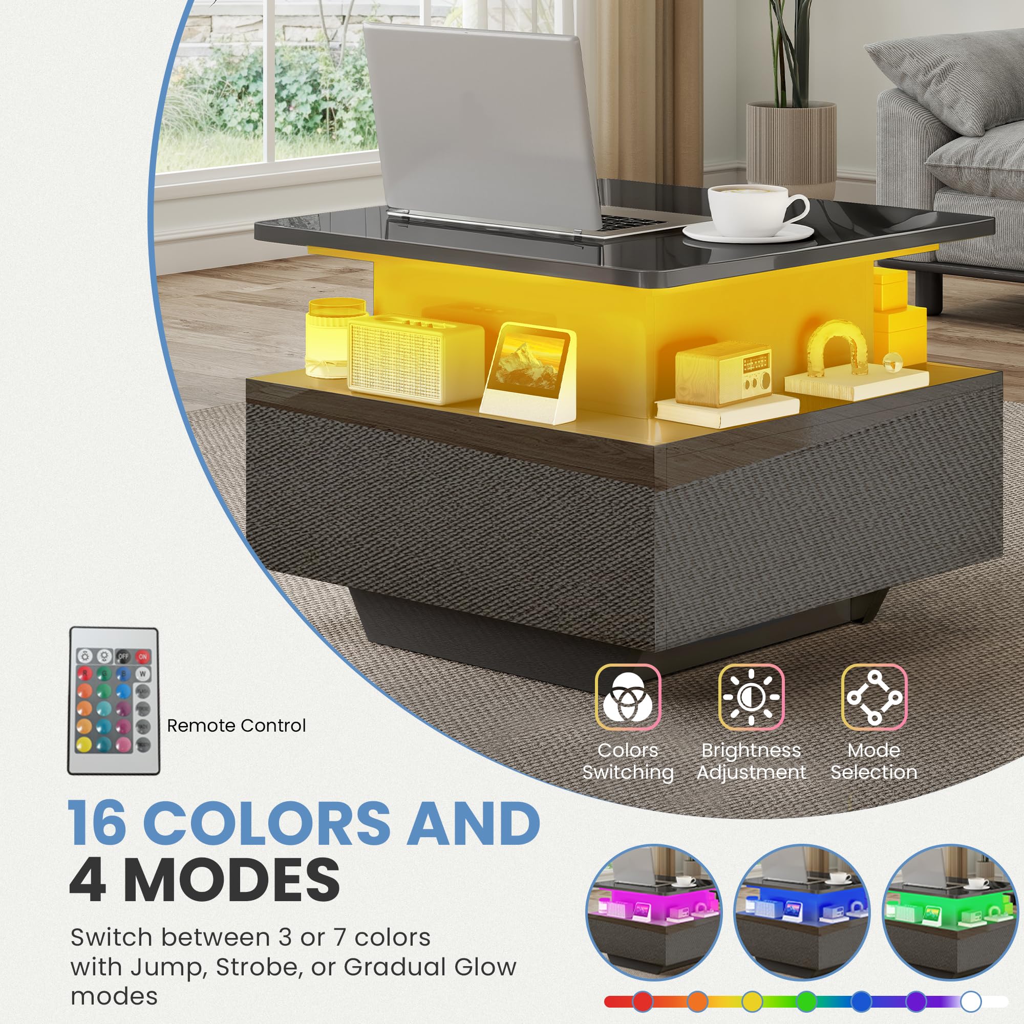DWVO Couchtisch mit LED, höhenverstellbar, modern schwarz hochglänzend, mit Stauraum & Schubladen für Wohnzimmer, 60x60x45-58 cm