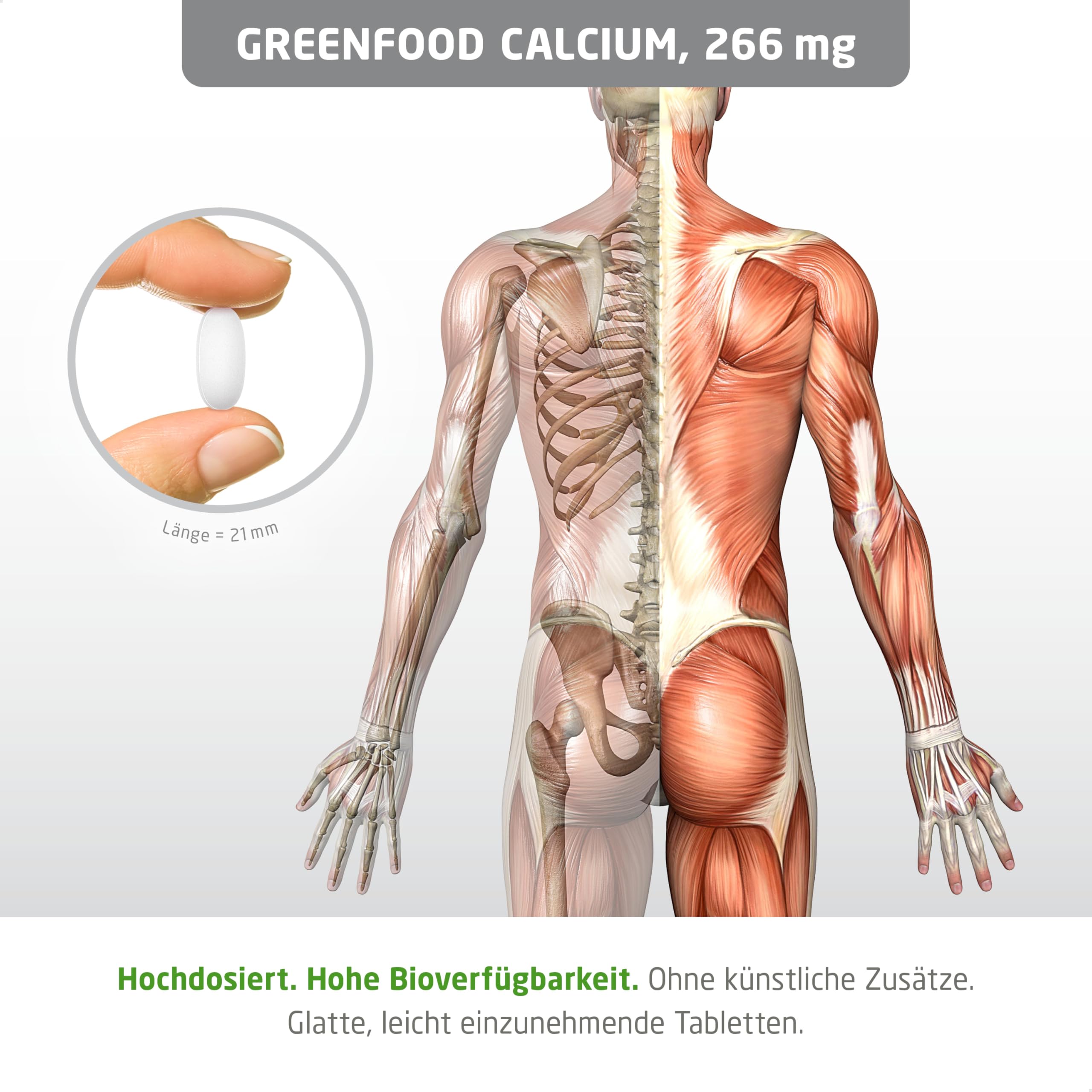 Calcium, hochdosiert, 266mg - 300 Tabletten, vegan. Calciumcitrat (hohe Bioverfügbarkeit) - für Zähne, Knochenerhalt & Muskelfunktion. OHNE künstliche Zusätze - laborgeprüft. Von Greenfood.
