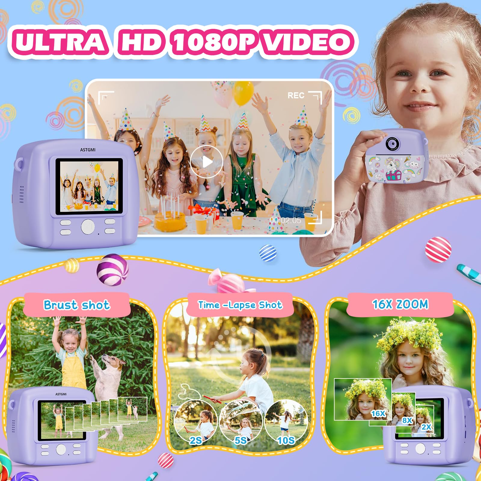 Camara de Fotos instantaneas,1080p vídeo Camara instanea,2,4" HD Camara Fotos Infantil con Tarjeta SD de 32GB,Regalos comunion niña para cámara instantánea,Juguetes niños 3 4 5 6 7 8 9 10 años