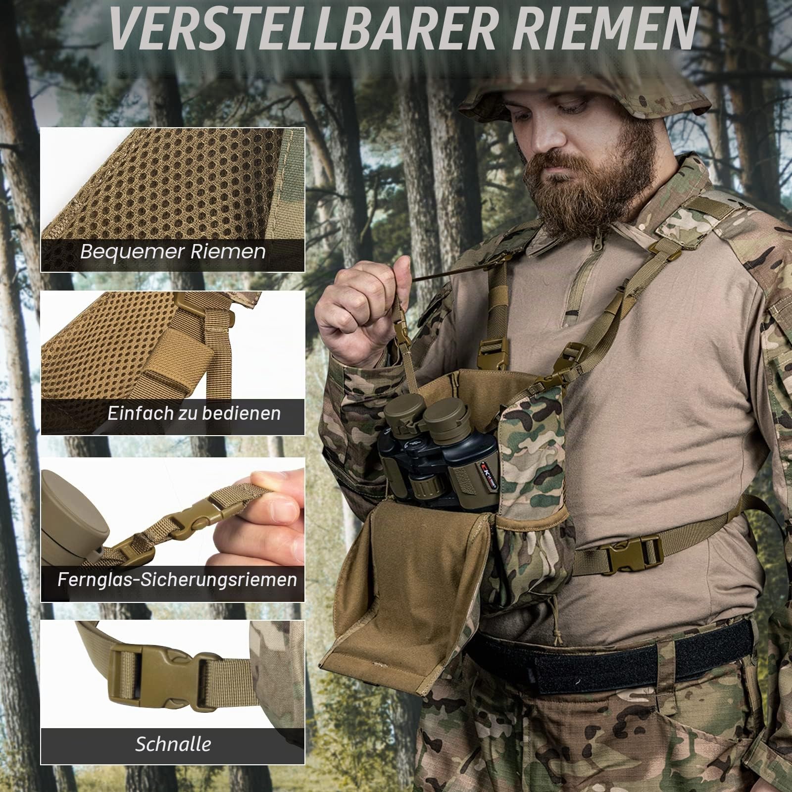 VISMIX Fernglasgeschirr, verstellbares Fernglasgeschirr, Brusttasche mit Regenschutz, für Jagd, Wandern, Schießen