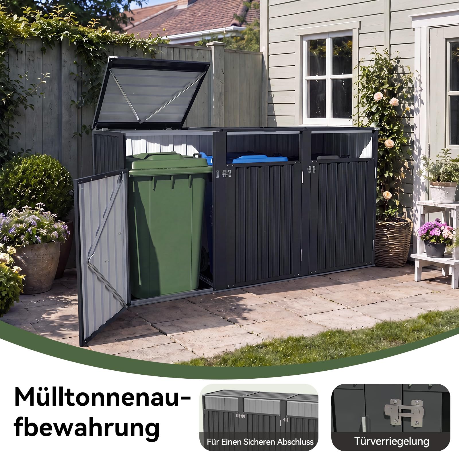 Aoxun Mülltonnenbox 3er, Mülltonnenbox aus Stahl für 3 Tonnen, Mülltonnenverkleidung mit Kettendeckel & verstärkter Rückwand, geeignet für 240L Mülltonnen, für Garten & Terrasse, Schwarz