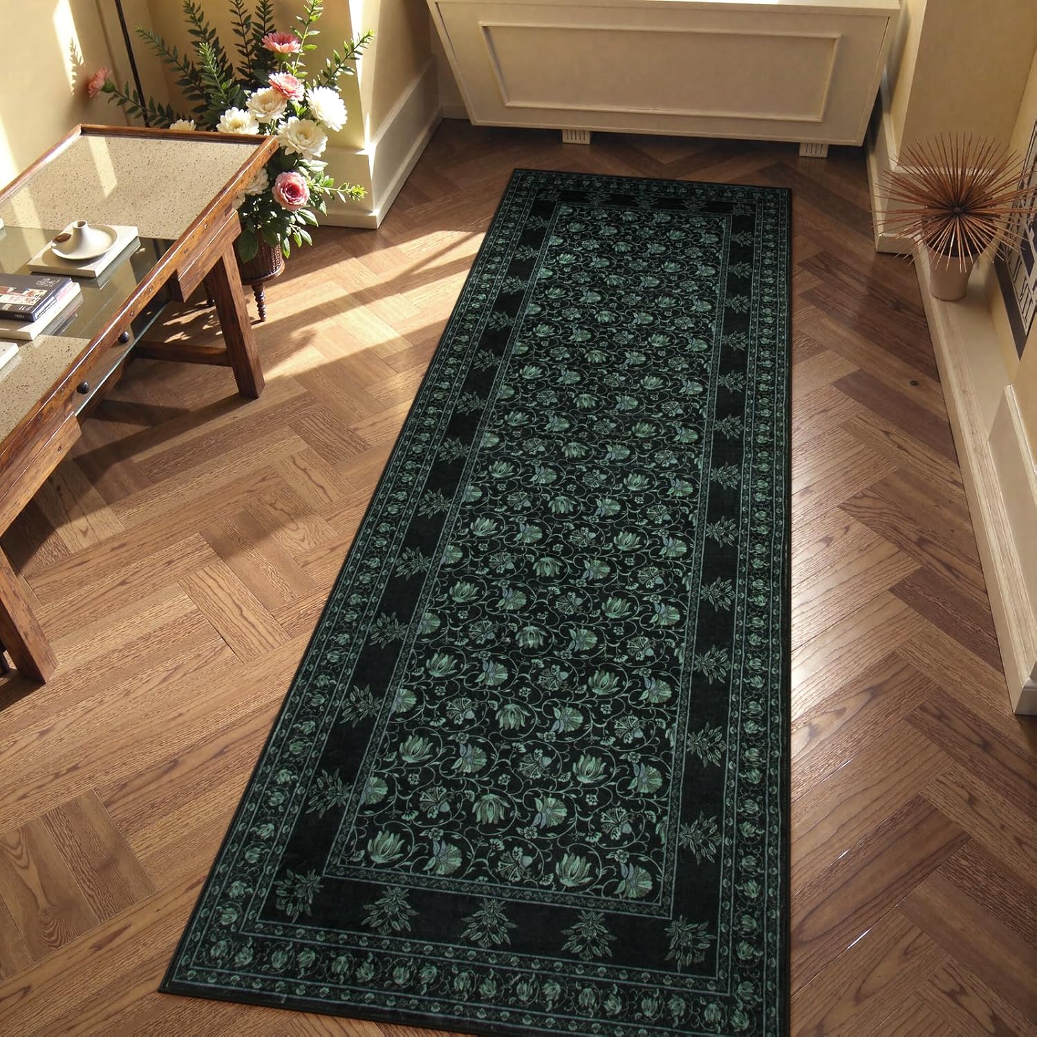 Lahome Black Kitchen Runner Rug 2x6, Low Plie Rug Runners for Hallways Non Slip, Vintage Floral Washable Runner for Entryway Laundry Room Bathroom (2'x6', Black/Green)