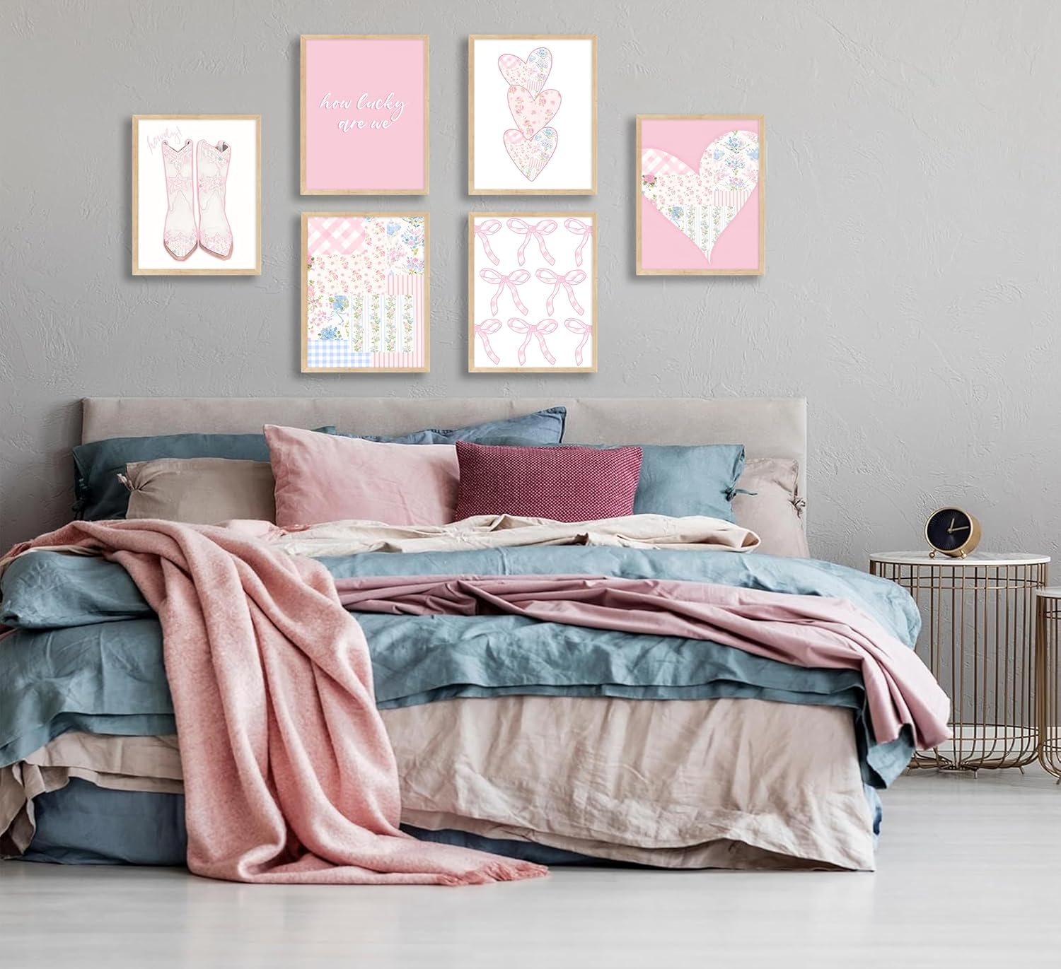 QLDENIX 6Pcs Trendy Pink Preppy Wall Art Cowgirl Boots Canvas Wall Decor Coquette Bow Posters Pink Heart Print Painting Picture Lucky Are We Artwork for Girly Room Dorm Apartment Home decor, Unframed - Image 8