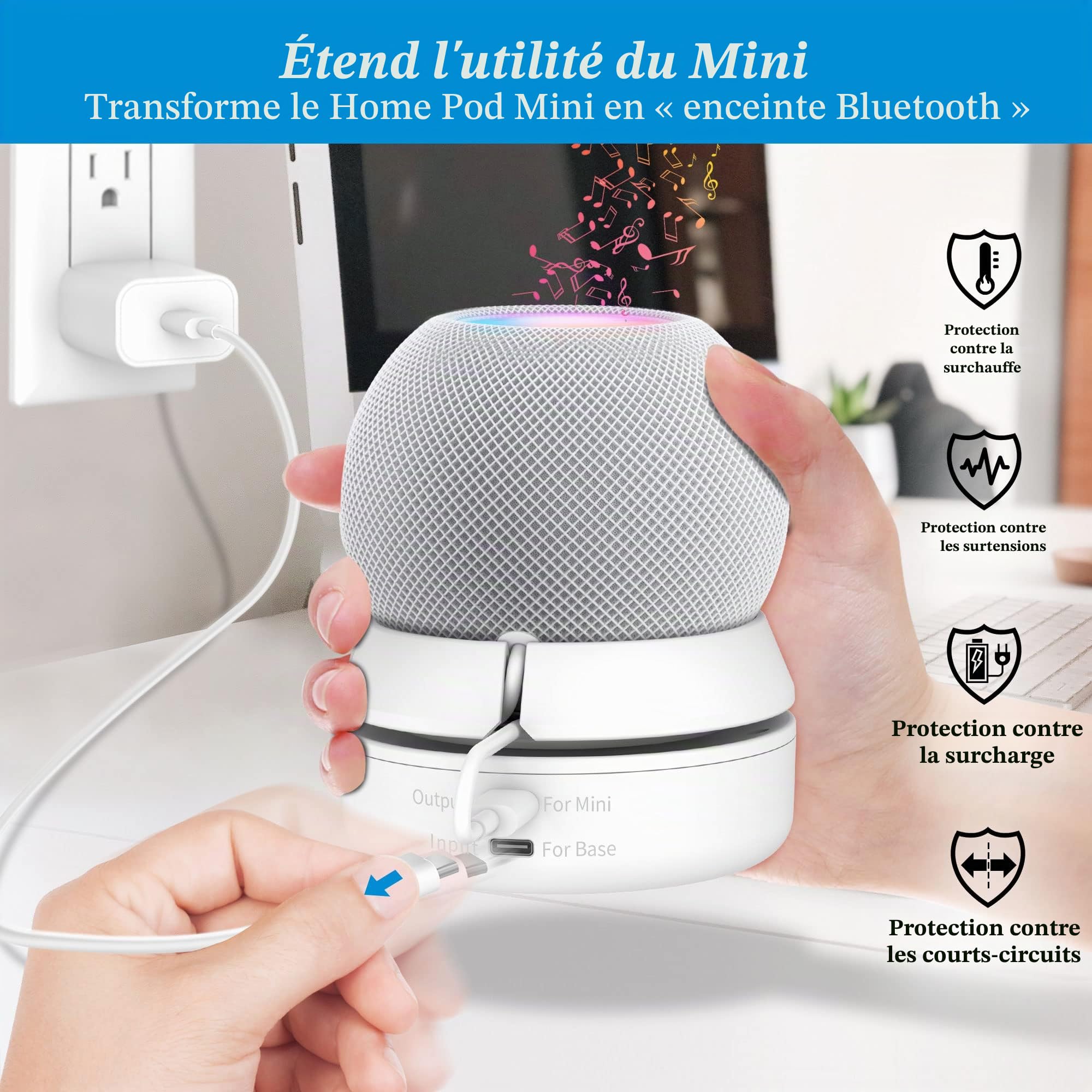 PlusAcc Batterie compatible avec HomePod Mini - Support de batterie Home Pod Mini accessoire avec gestion des câbles intégrée (sans appareils) - Blanc